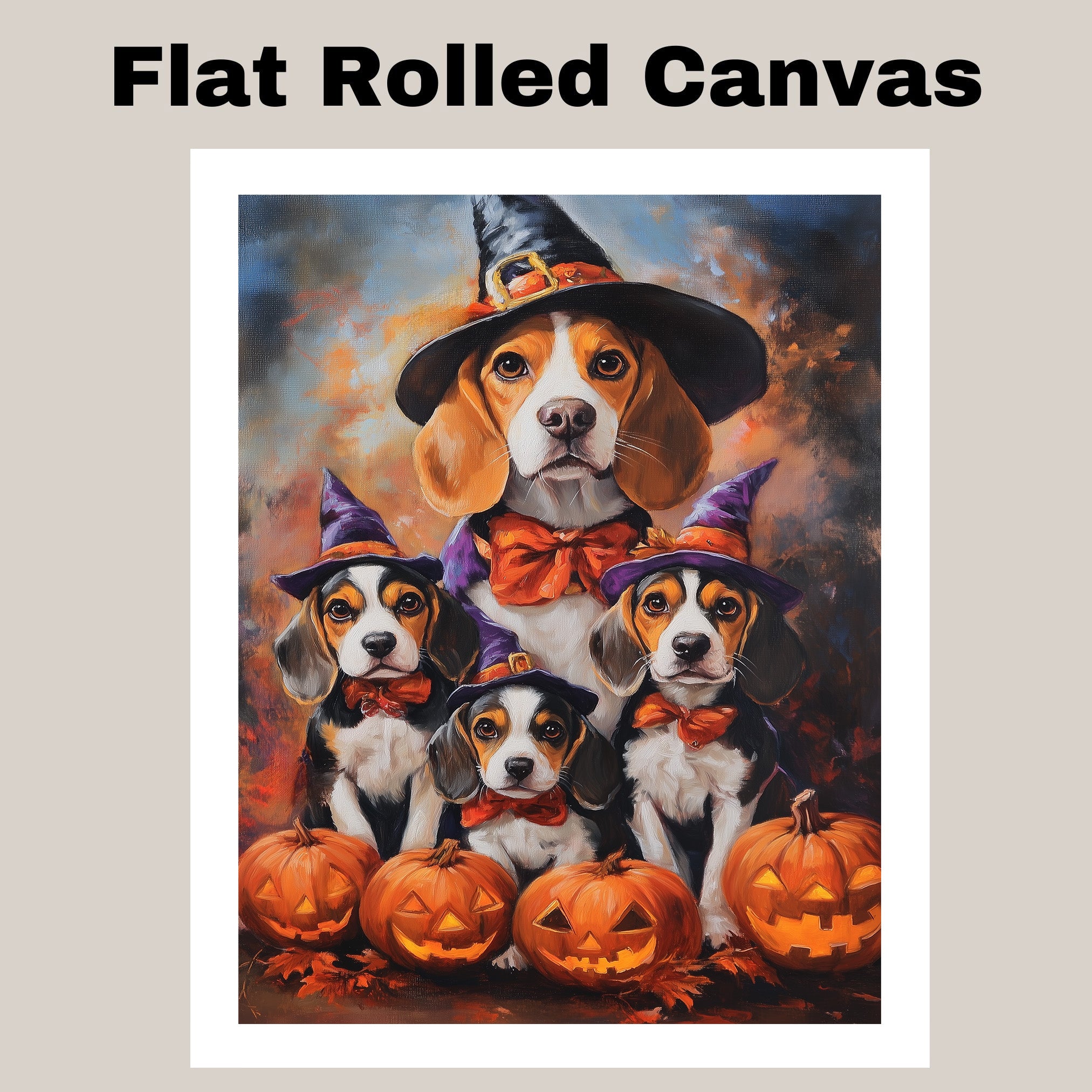 Halloween Beagle Dog and Puppy Canvas Wall Art with Witch Hats Fall Decor for Thanksgiving Party on Ready to Hang 1.5" Thick Canvas Wrap, Floating Framed Canvas, Flat Rolled Canvas