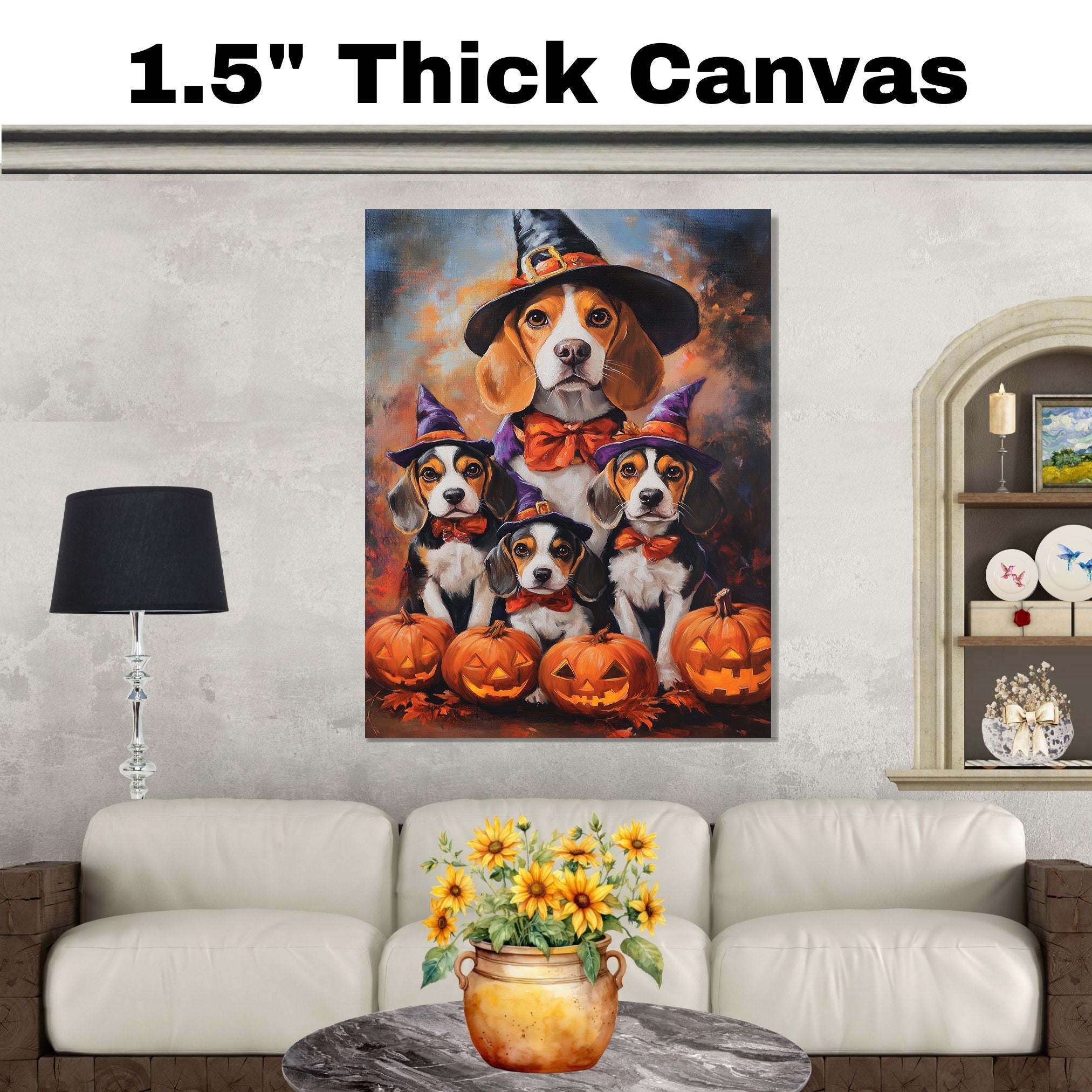 Halloween Beagle Dog and Puppy Canvas Wall Art with Witch Hats Fall Decor for Thanksgiving Party on Ready to Hang 1.5" Thick Canvas Wrap, Floating Framed Canvas, Flat Rolled Canvas