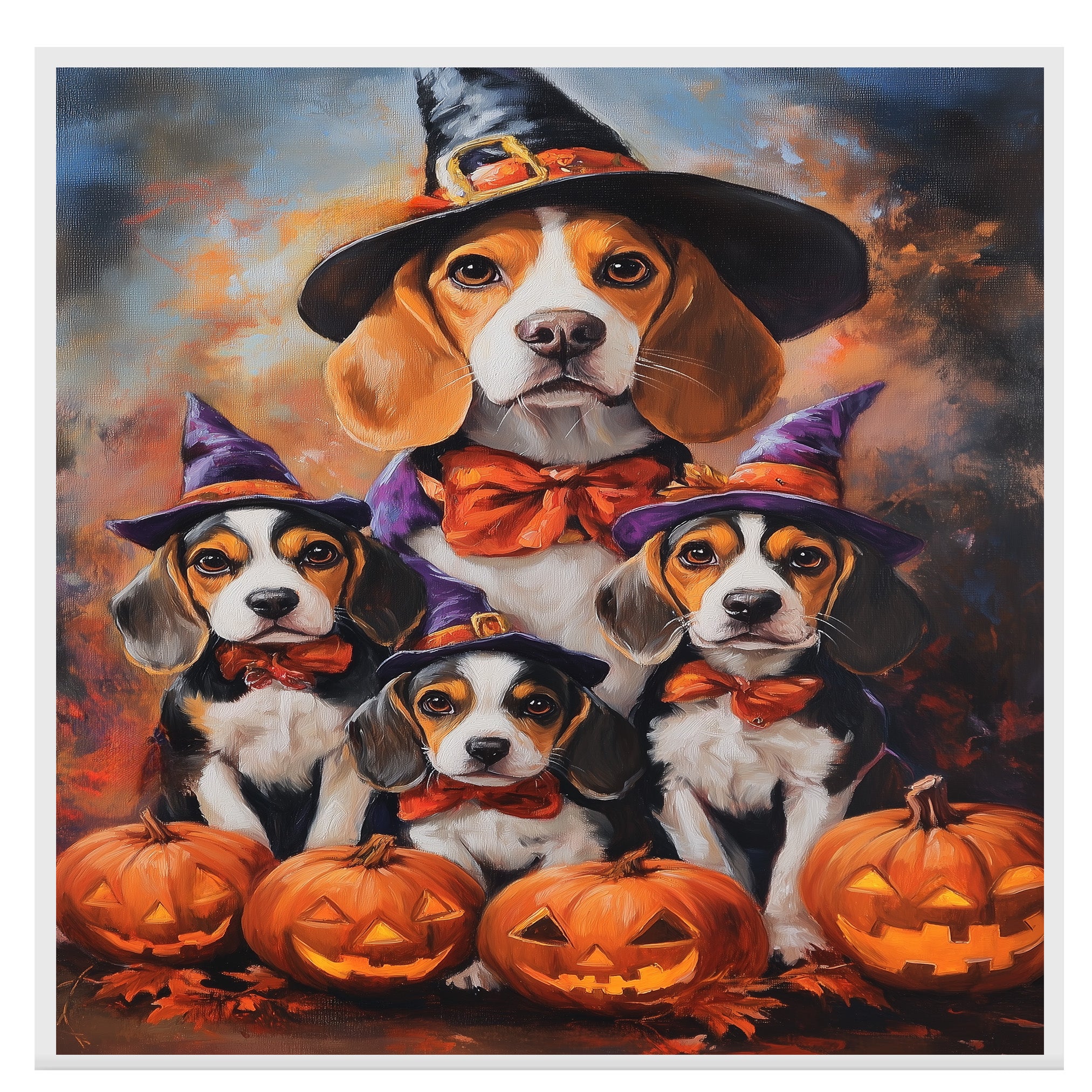 Halloween Beagle Dog and Puppy Canvas Wall Art with Witch Hats Fall Decor for Thanksgiving Party on Ready to Hang 1.5" Thick Canvas Wrap, Floating Framed Canvas, Flat Rolled Canvas
