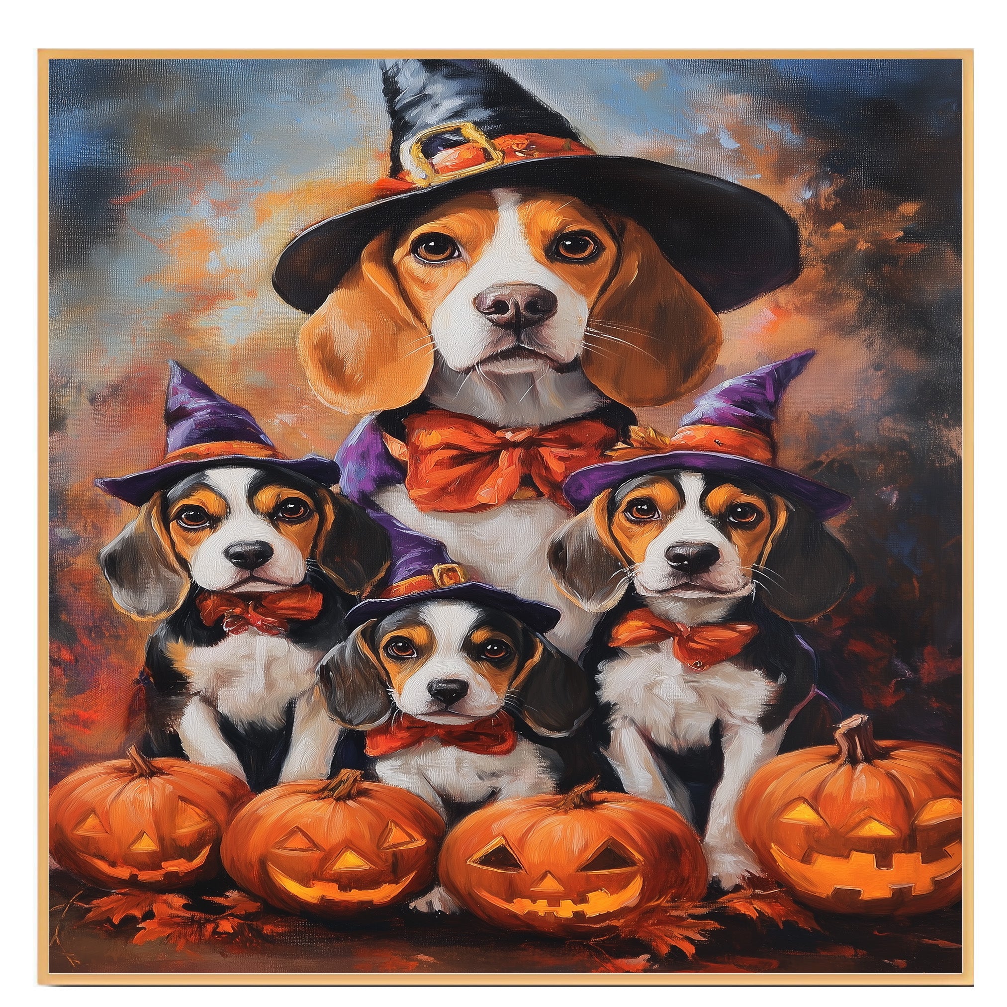 Halloween Beagle Dog and Puppy Canvas Wall Art with Witch Hats Fall Decor for Thanksgiving Party on Ready to Hang 1.5" Thick Canvas Wrap, Floating Framed Canvas, Flat Rolled Canvas
