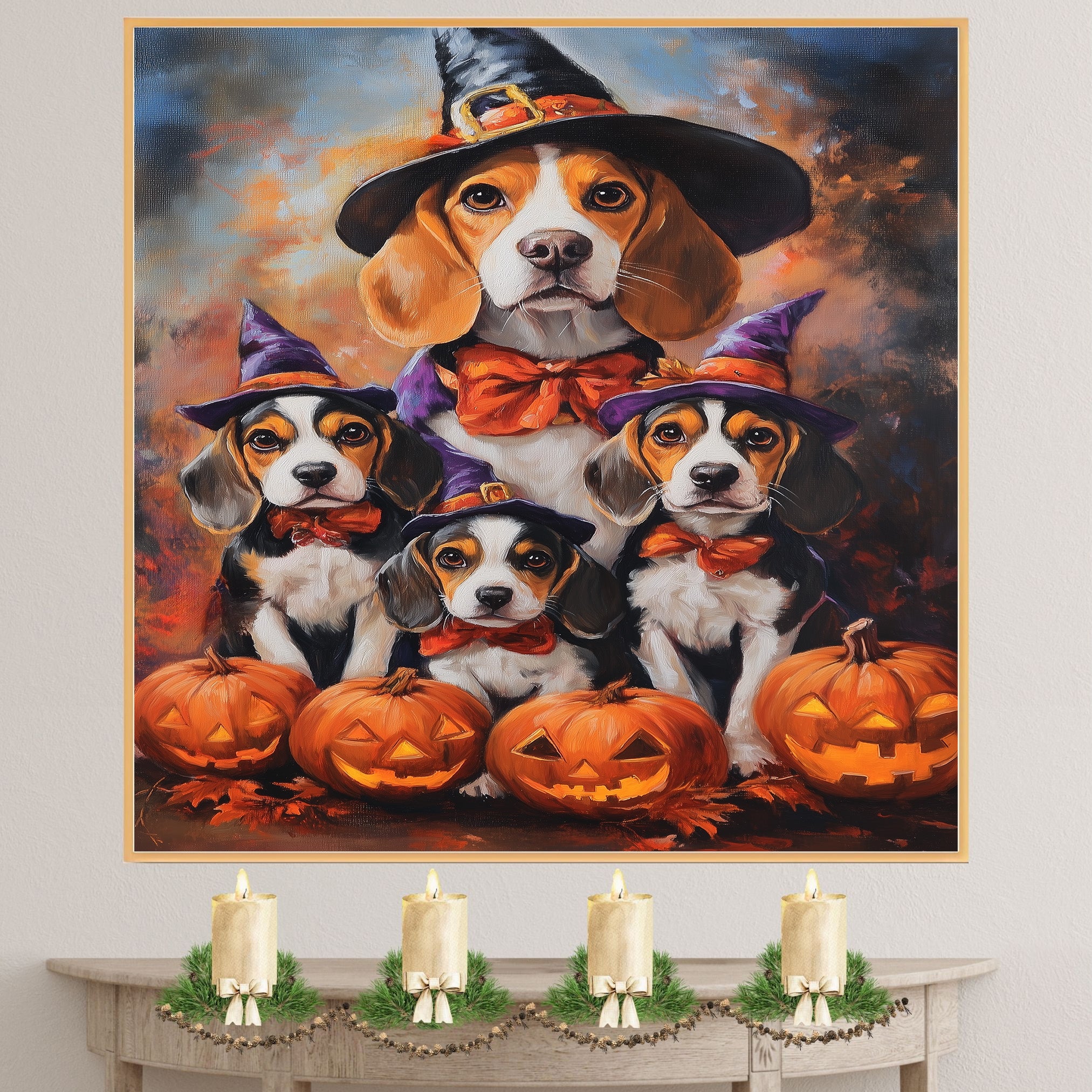 Halloween Beagle Dog and Puppy Canvas Wall Art with Witch Hats Fall Decor for Thanksgiving Party on Ready to Hang 1.5" Thick Canvas Wrap, Floating Framed Canvas, Flat Rolled Canvas