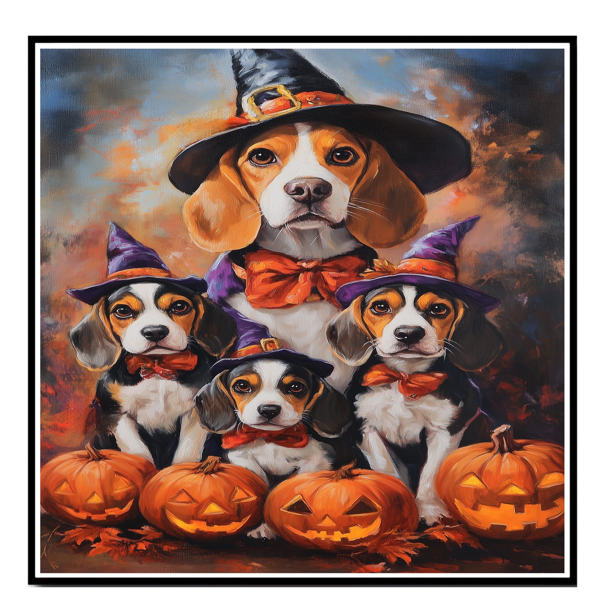 Halloween Beagle Dog and Puppy Canvas Wall Art with Witch Hats Fall Decor for Thanksgiving Party on Ready to Hang 1.5" Thick Canvas Wrap, Floating Framed Canvas, Flat Rolled Canvas