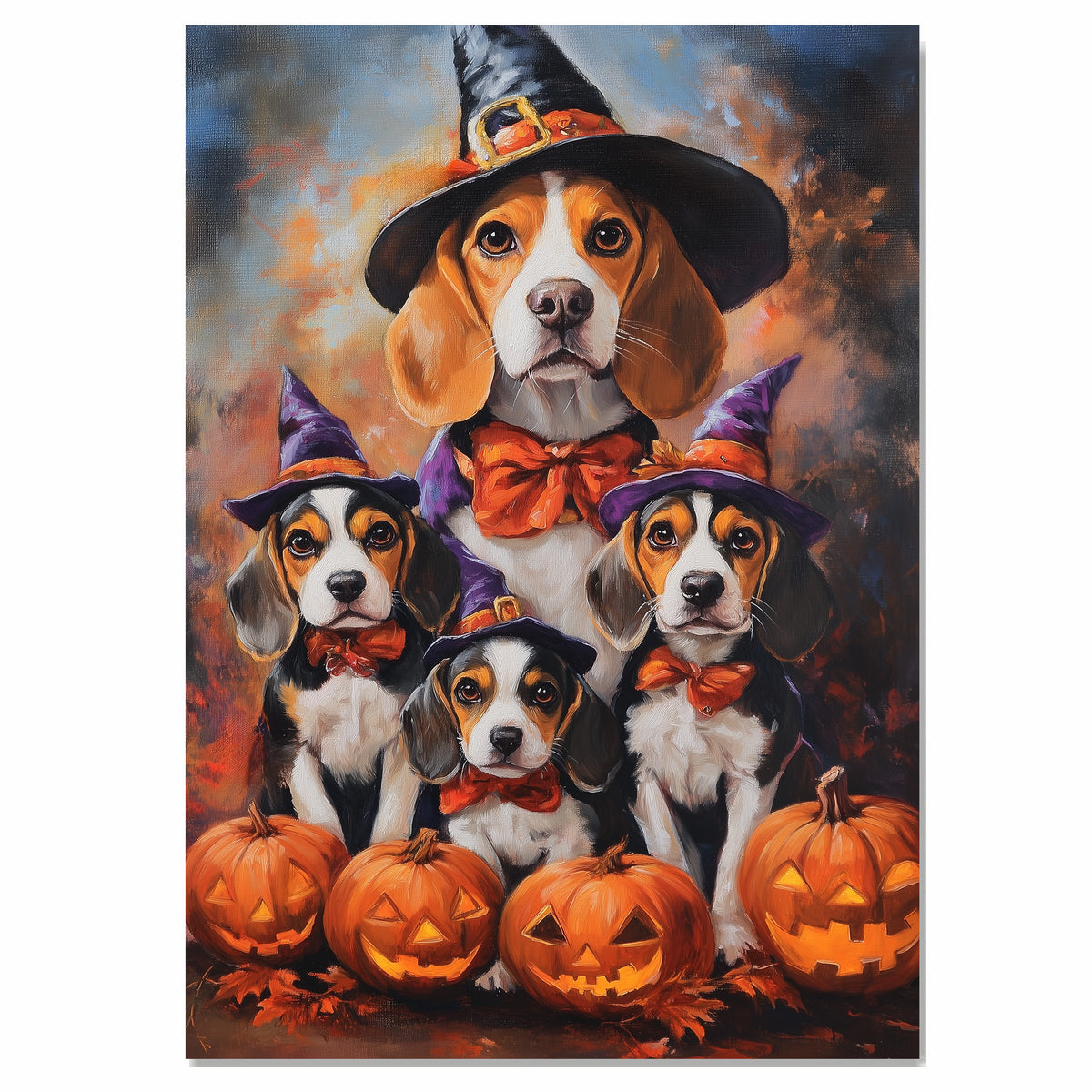 Halloween Beagle Dog and Puppy Canvas Wall Art with Witch Hats Fall Decor for Thanksgiving Party on Ready to Hang 1.5" Thick Canvas Wrap, Floating Framed Canvas, Flat Rolled Canvas