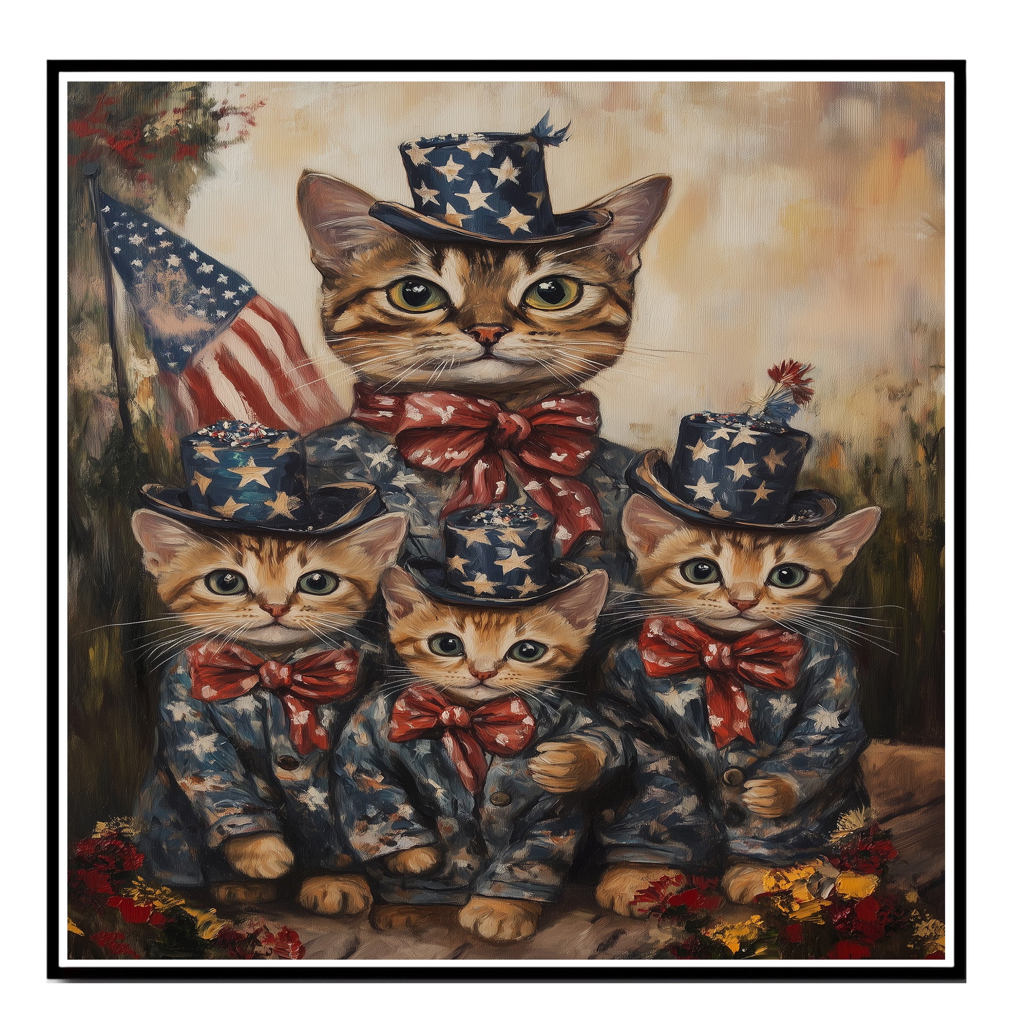 Charming Patriotic Bengal Cat Family Oil Painting with Mother Cat and Three Kittens in Starry Outfits and Bow Ties on Ready to Hang 1.5" Thick Canvas Wrap, Floating Framed Canvas, Flat Rolled Canvas