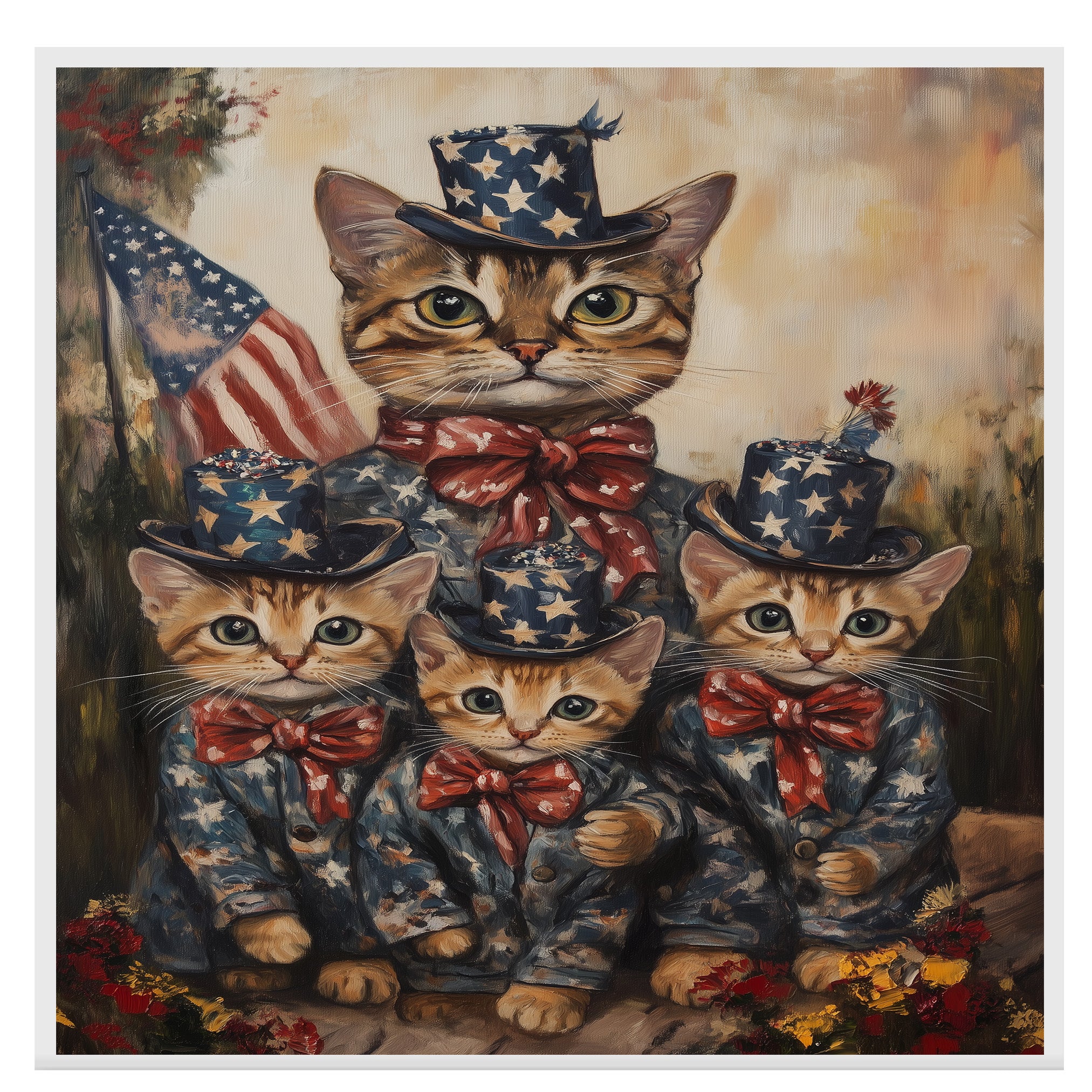 Charming Patriotic Bengal Cat Family Oil Painting with Mother Cat and Three Kittens in Starry Outfits and Bow Ties on Ready to Hang 1.5" Thick Canvas Wrap, Floating Framed Canvas, Flat Rolled Canvas