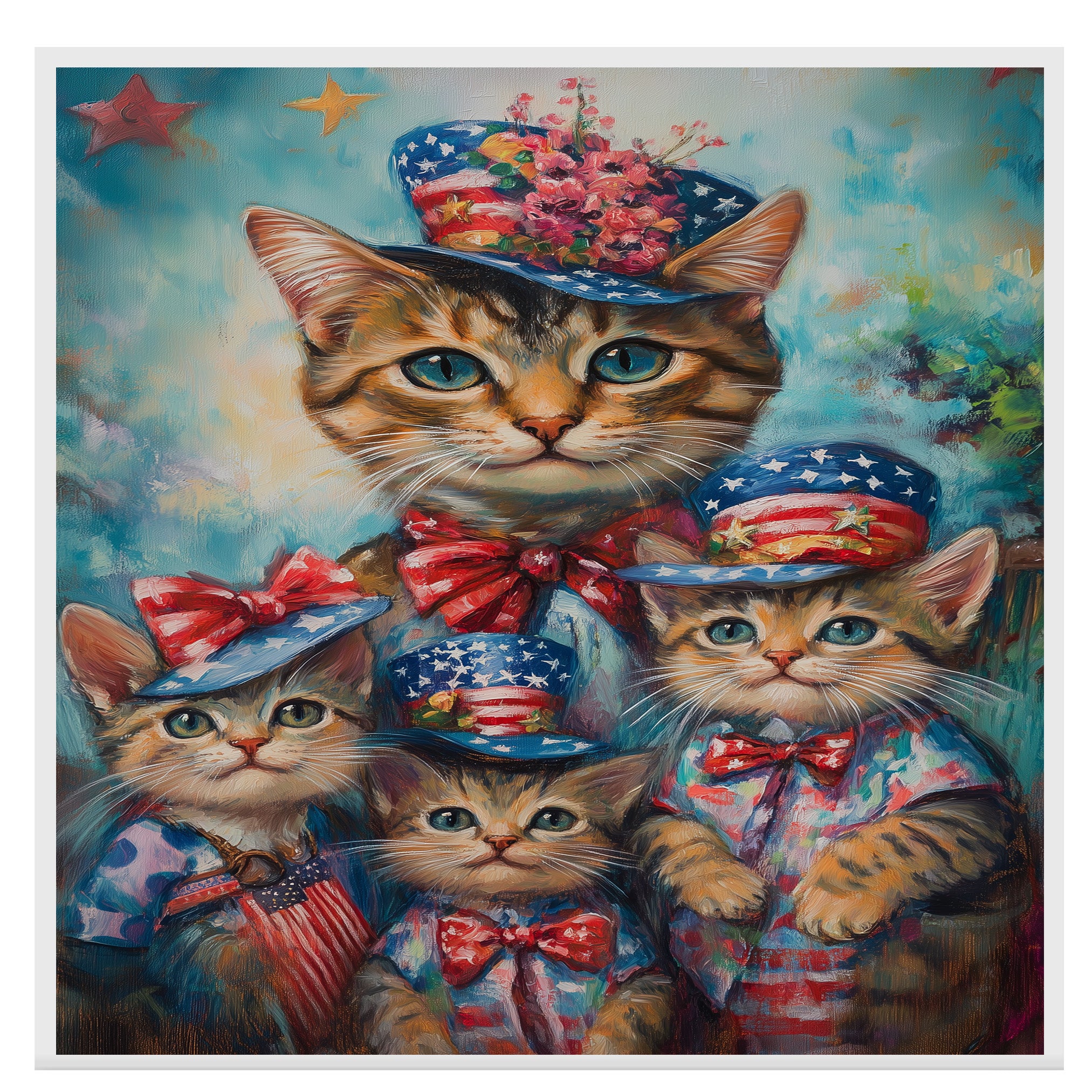 Charming Bengal Cat Mother and Three Kittens in Patriotic Hats with Stars and Bows on a Playful Colorful Background on Ready to Hang 1.5" Thick Canvas Wrap, Floating Framed Canvas, Flat Rolled Canvas