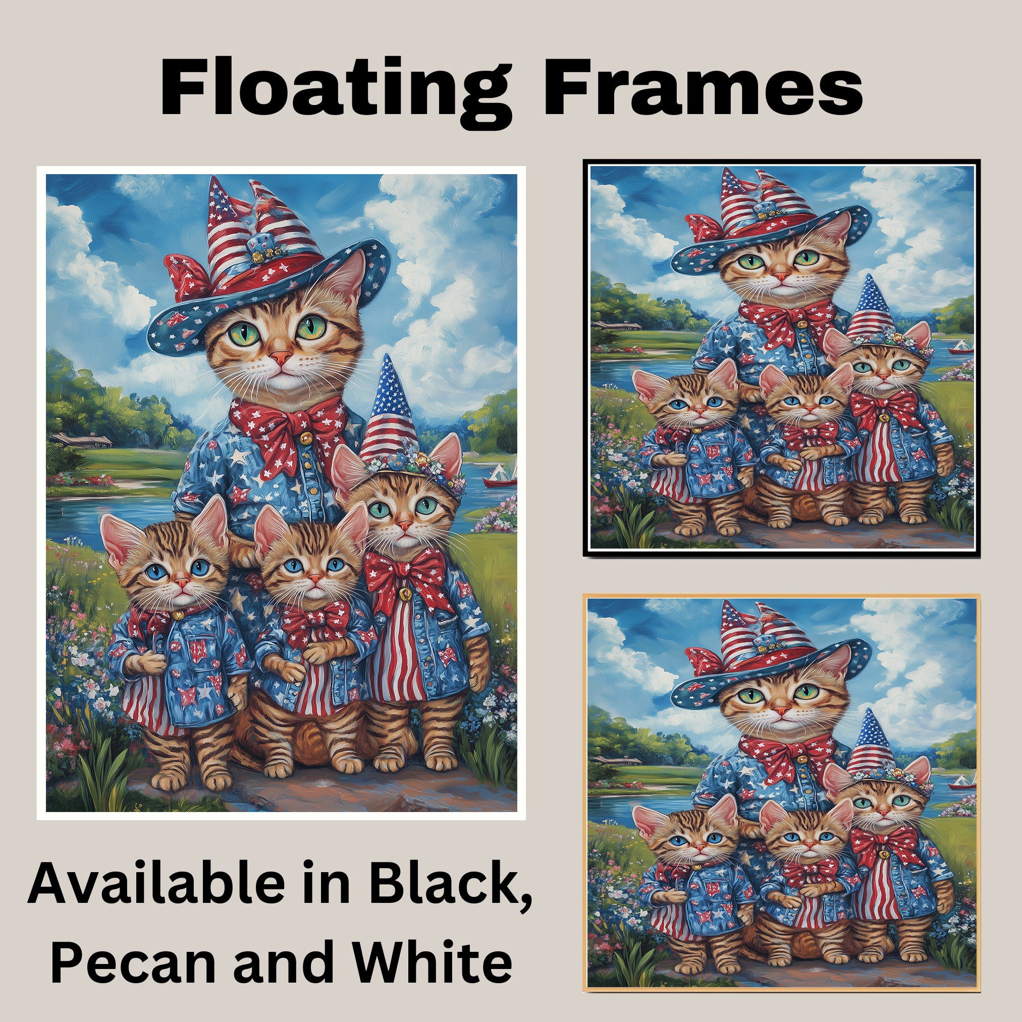Patriotic Bengal Cat Mother and Three Kittens in Red White and Blue Outfits by a Lake with Floral Summer Backdrop on Ready to Hang 1.5" Thick Canvas Wrap, Floating Framed Canvas, Flat Rolled Canvas