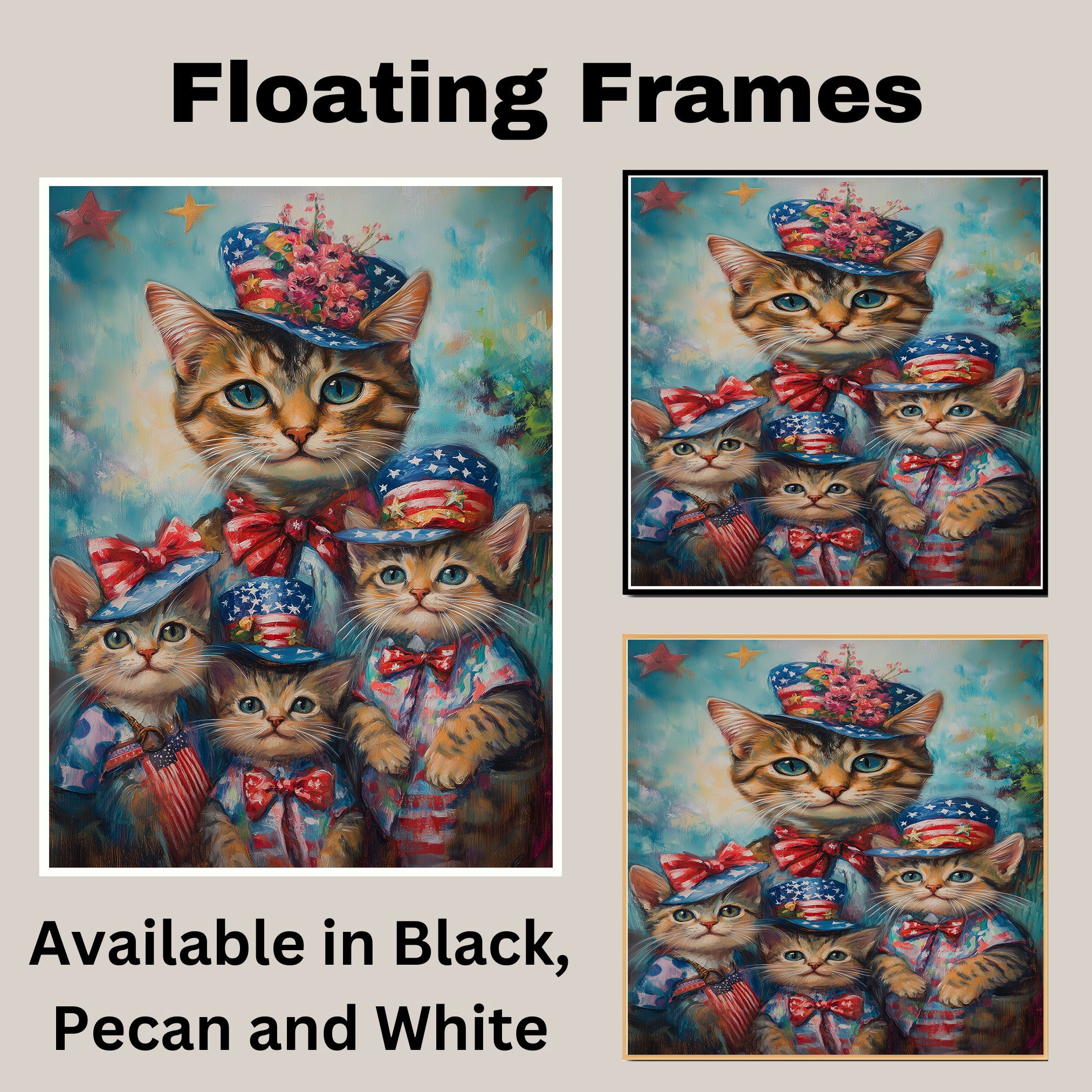 Charming Bengal Cat Mother and Three Kittens in Patriotic Hats with Stars and Bows on a Playful Colorful Background on Ready to Hang 1.5" Thick Canvas Wrap, Floating Framed Canvas, Flat Rolled Canvas