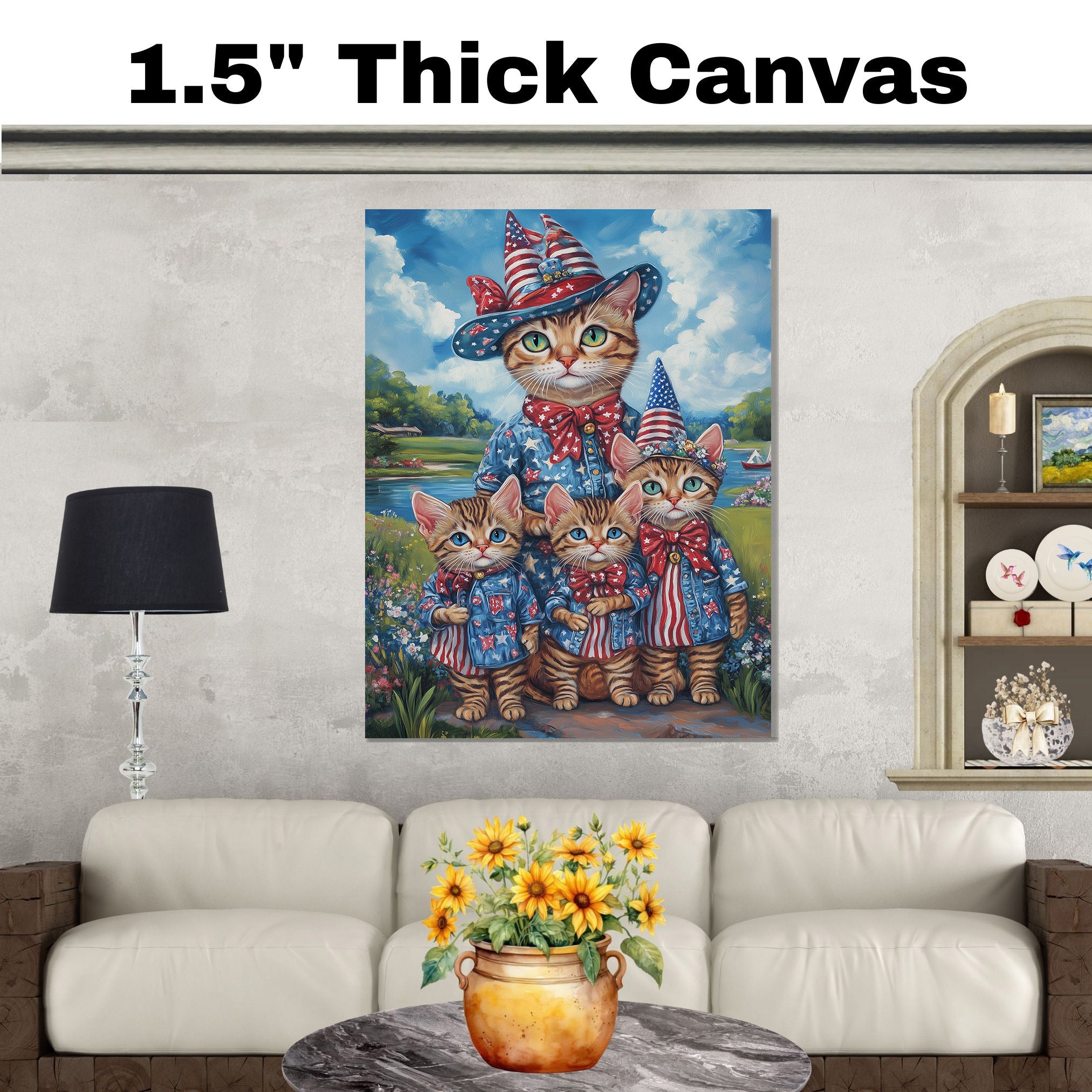 Patriotic Bengal Cat Mother and Three Kittens in Red White and Blue Outfits by a Lake with Floral Summer Backdrop on Ready to Hang 1.5" Thick Canvas Wrap, Floating Framed Canvas, Flat Rolled Canvas