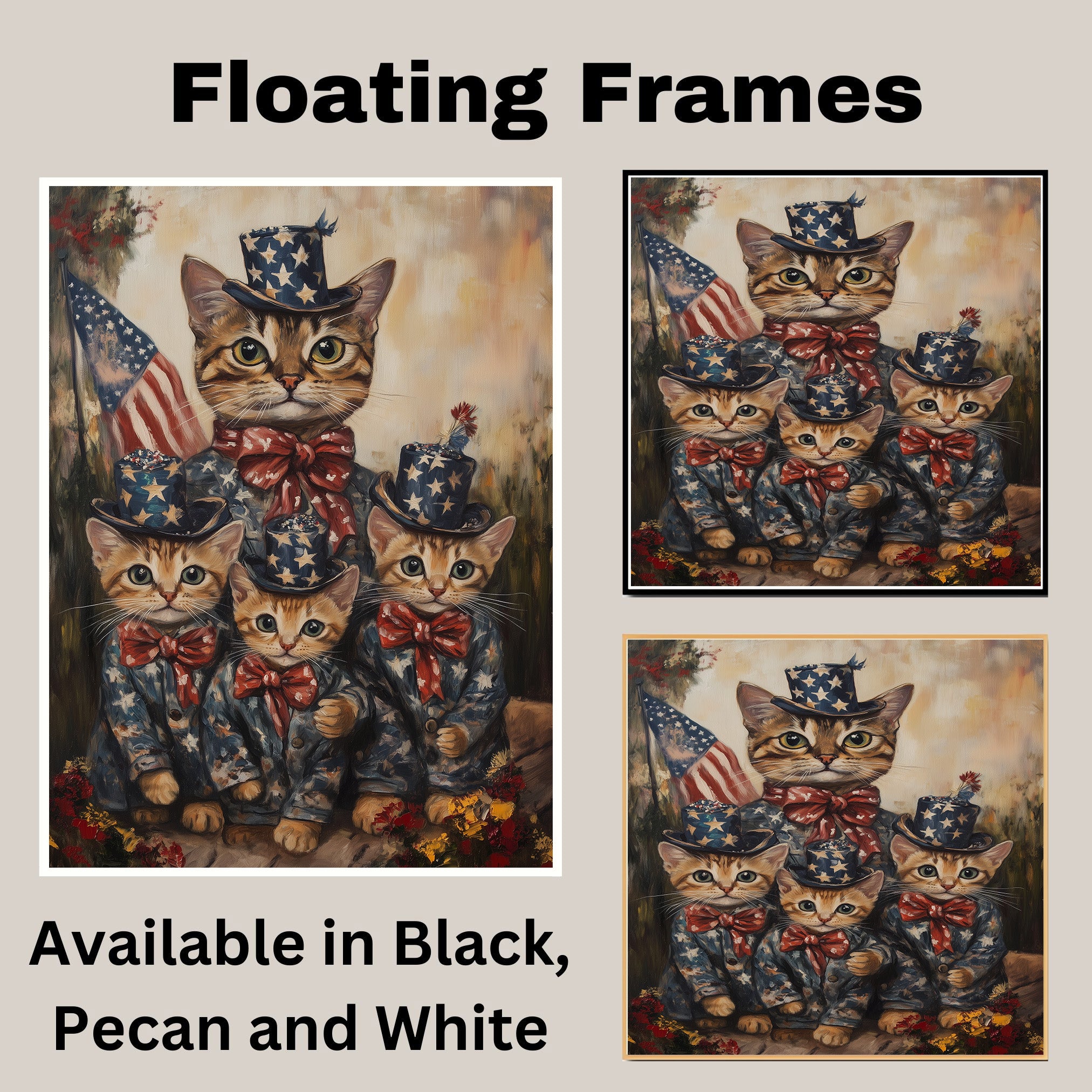 Charming Patriotic Bengal Cat Family Oil Painting with Mother Cat and Three Kittens in Starry Outfits and Bow Ties on Ready to Hang 1.5" Thick Canvas Wrap, Floating Framed Canvas, Flat Rolled Canvas