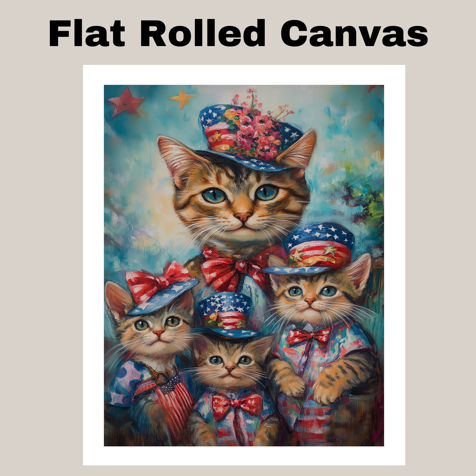Charming Bengal Cat Mother and Three Kittens in Patriotic Hats with Stars and Bows on a Playful Colorful Background on Ready to Hang 1.5" Thick Canvas Wrap, Floating Framed Canvas, Flat Rolled Canvas