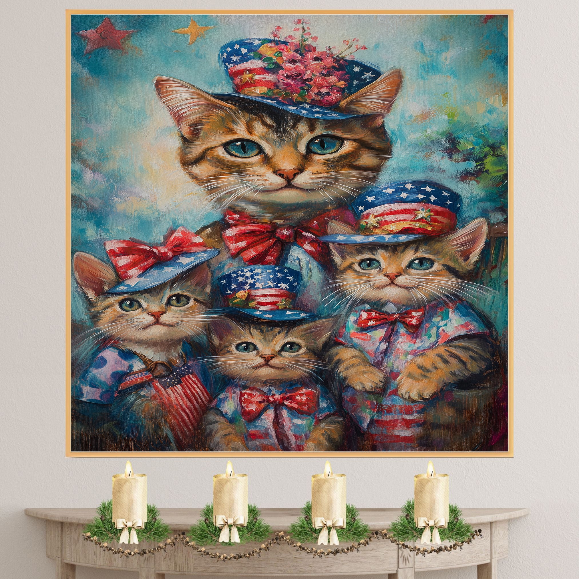 Charming Bengal Cat Mother and Three Kittens in Patriotic Hats with Stars and Bows on a Playful Colorful Background on Ready to Hang 1.5" Thick Canvas Wrap, Floating Framed Canvas, Flat Rolled Canvas
