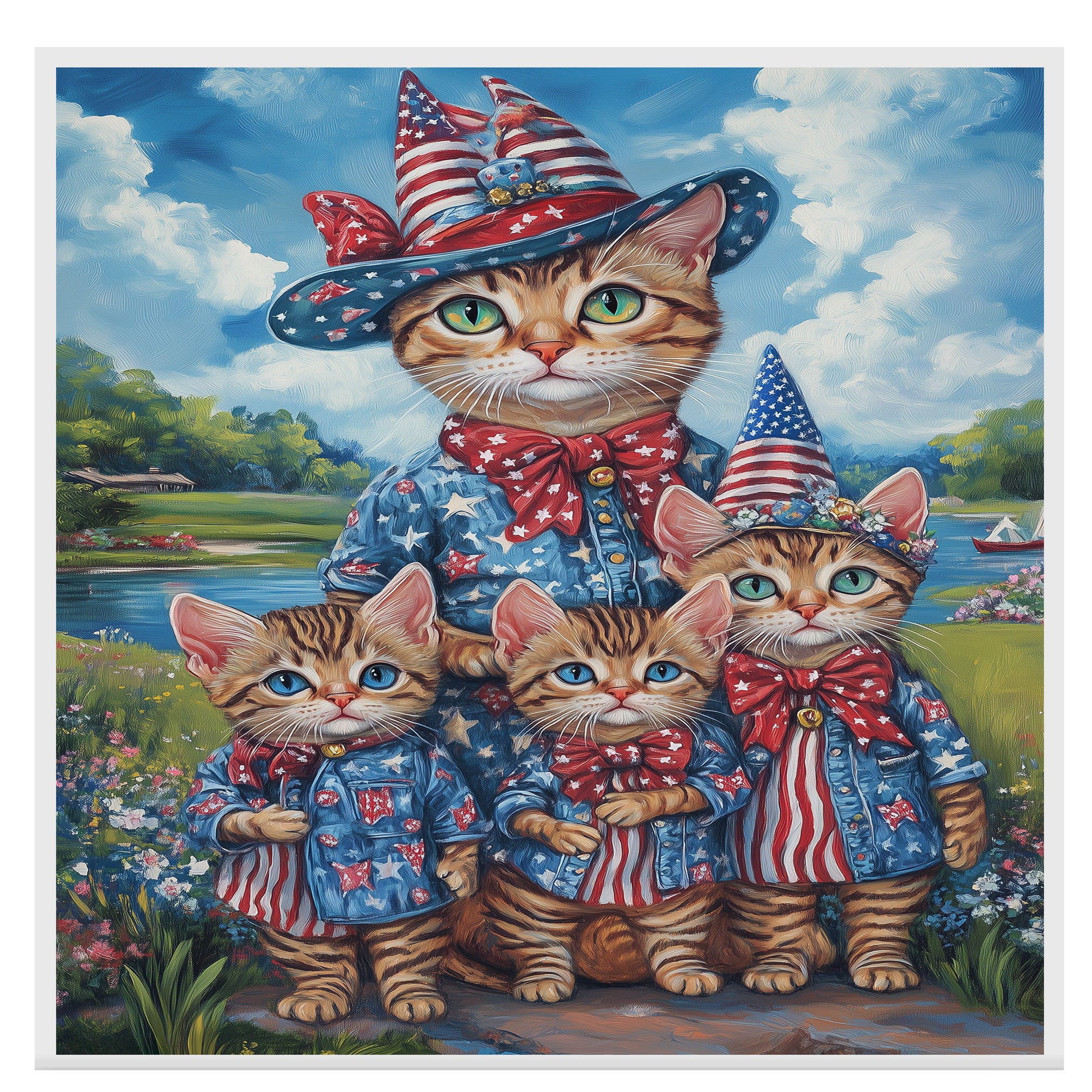Patriotic Bengal Cat Mother and Three Kittens in Red White and Blue Outfits by a Lake with Floral Summer Backdrop on Ready to Hang 1.5" Thick Canvas Wrap, Floating Framed Canvas, Flat Rolled Canvas