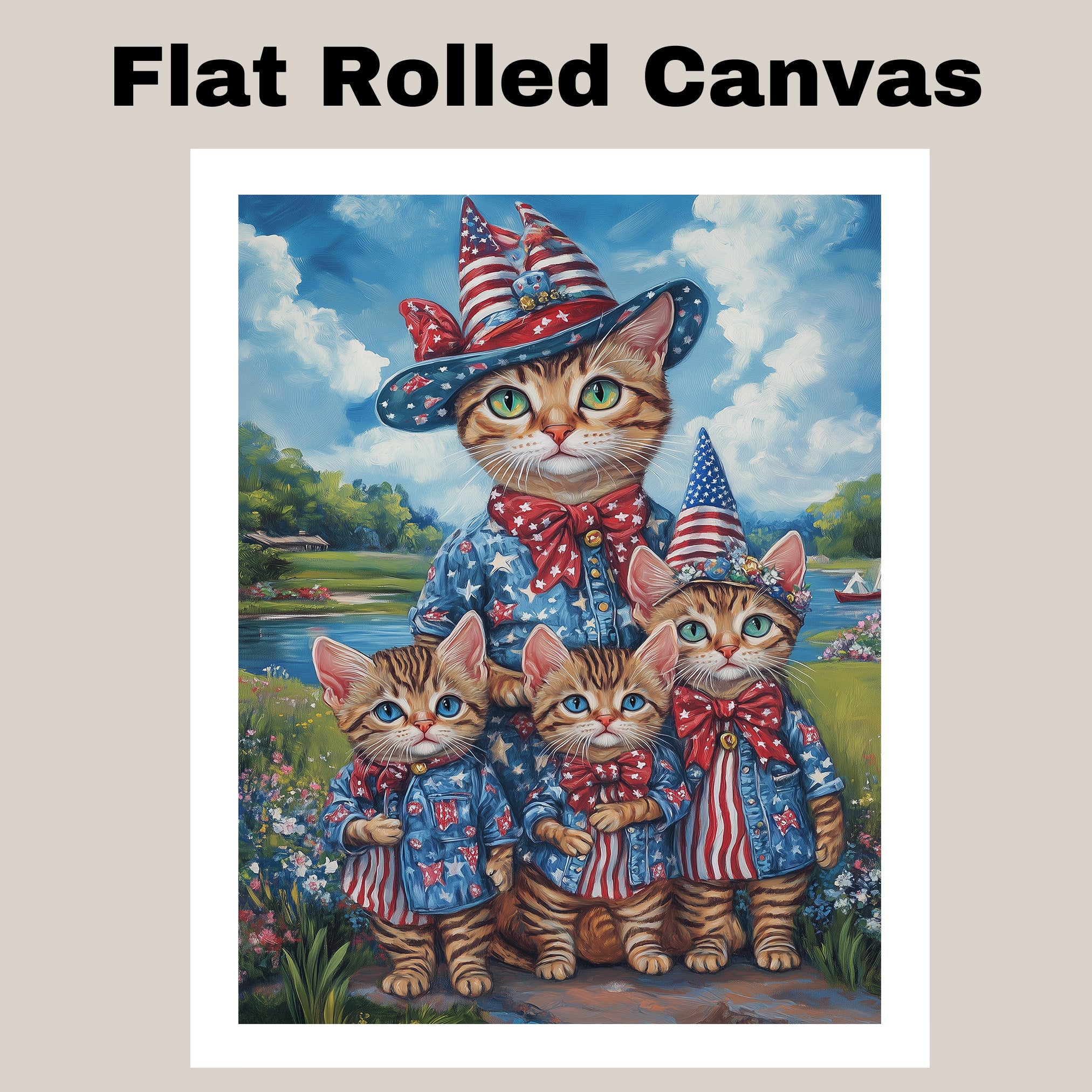 Patriotic Bengal Cat Mother and Three Kittens in Red White and Blue Outfits by a Lake with Floral Summer Backdrop on Ready to Hang 1.5" Thick Canvas Wrap, Floating Framed Canvas, Flat Rolled Canvas