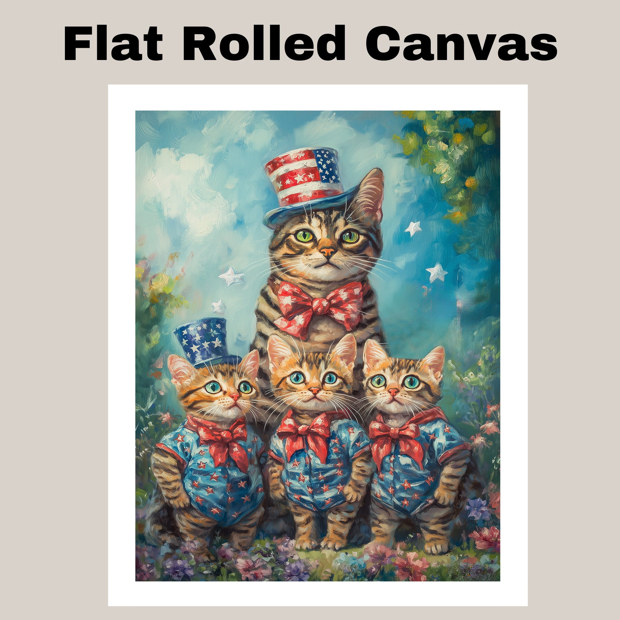 Patriotic Bengal Cat Family Oil Painting Featuring a Mother Cat and Three Kittens in Stars and Stripes Outfits and Top Hats on Ready to Hang 1.5" Thick Canvas Wrap, Floating Framed Canvas, Flat Rolled Canvas