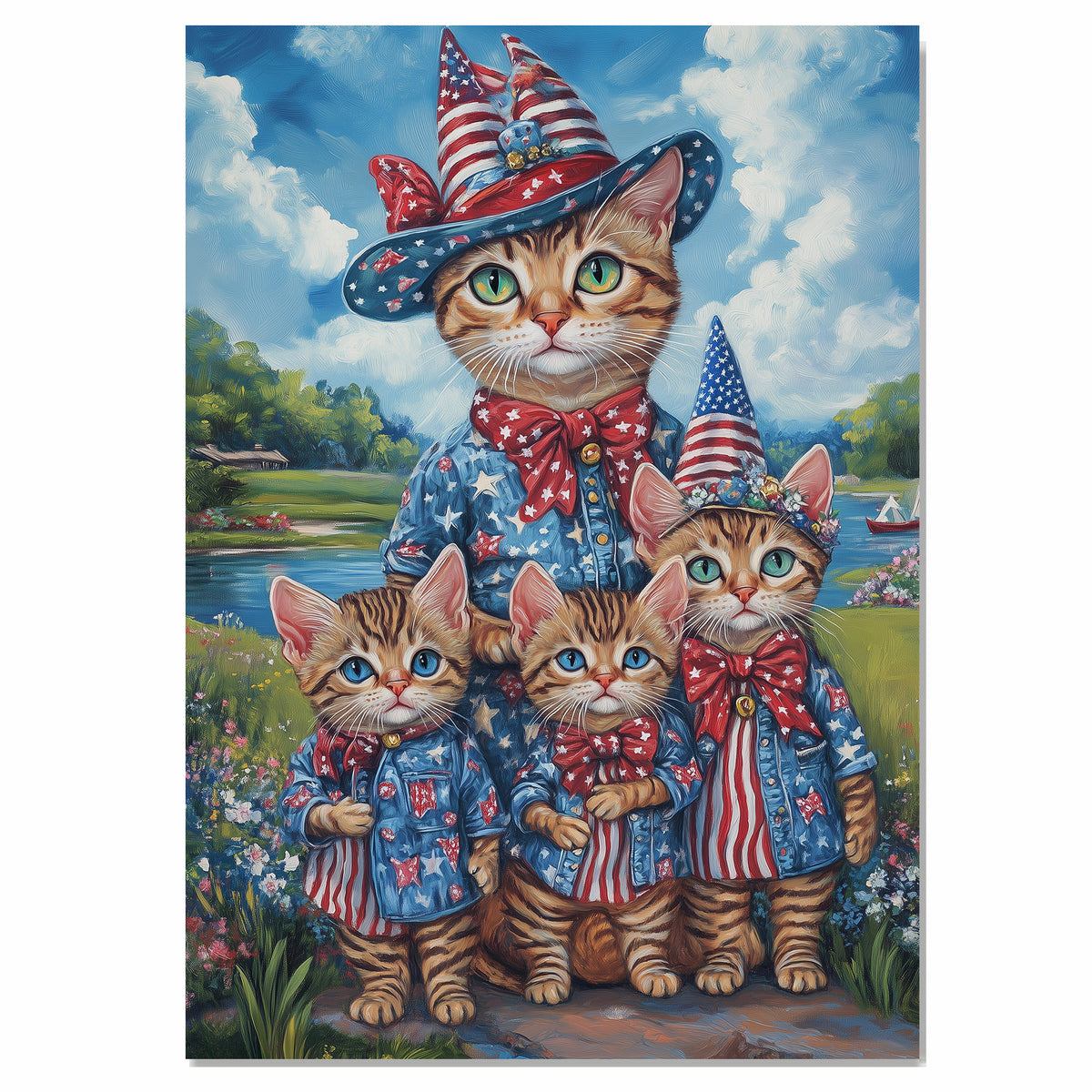 Patriotic Bengal Cat Mother and Three Kittens in Red White and Blue Outfits by a Lake with Floral Summer Backdrop on Ready to Hang 1.5" Thick Canvas Wrap, Floating Framed Canvas, Flat Rolled Canvas
