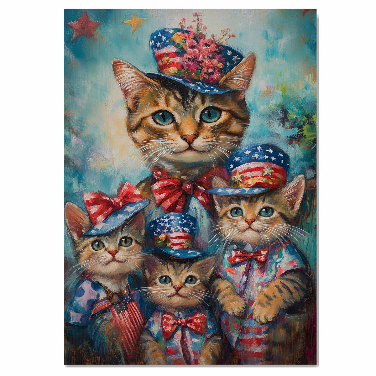 Charming Bengal Cat Mother and Three Kittens in Patriotic Hats with Stars and Bows on a Playful Colorful Background on Ready to Hang 1.5" Thick Canvas Wrap, Floating Framed Canvas, Flat Rolled Canvas