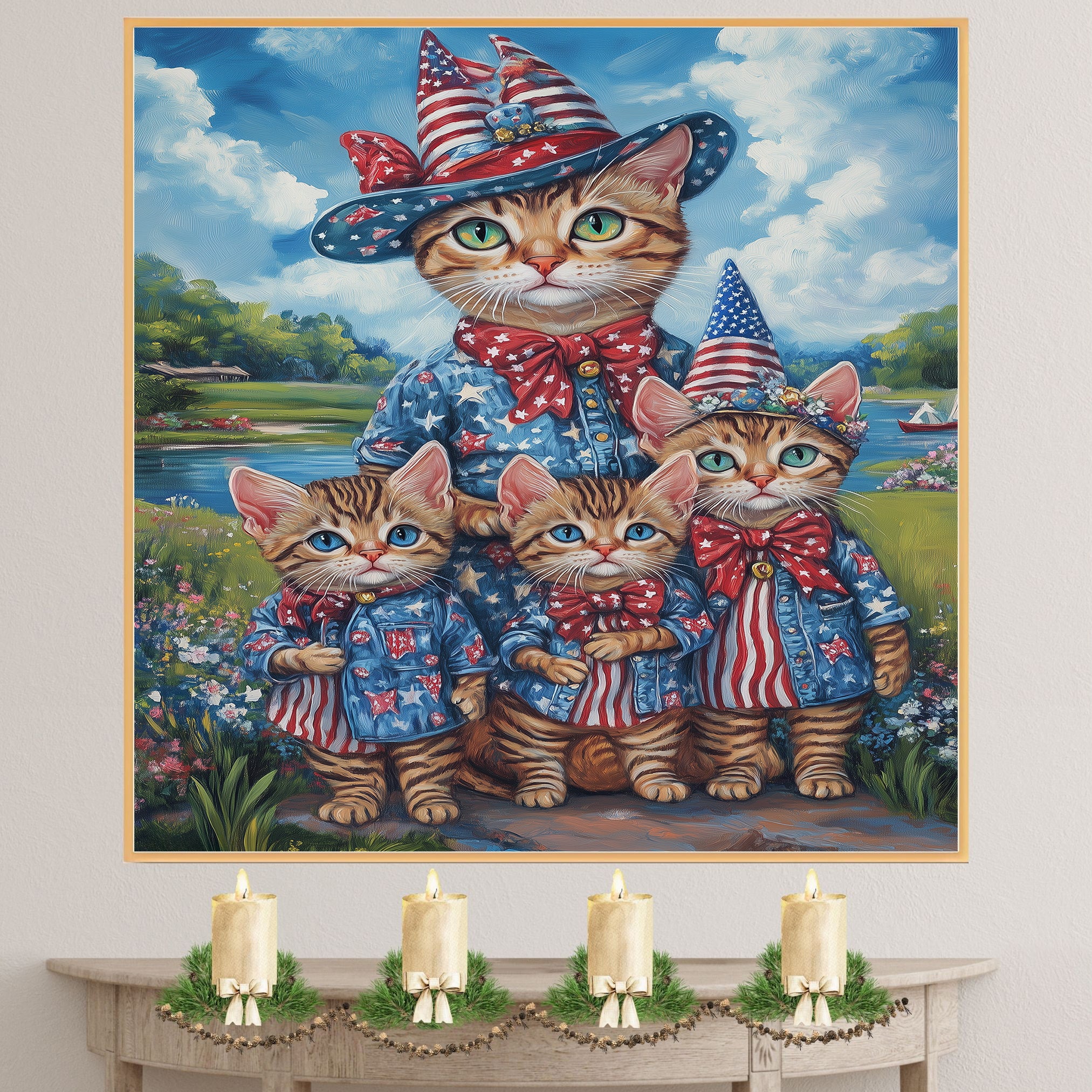 Patriotic Bengal Cat Mother and Three Kittens in Red White and Blue Outfits by a Lake with Floral Summer Backdrop on Ready to Hang 1.5" Thick Canvas Wrap, Floating Framed Canvas, Flat Rolled Canvas