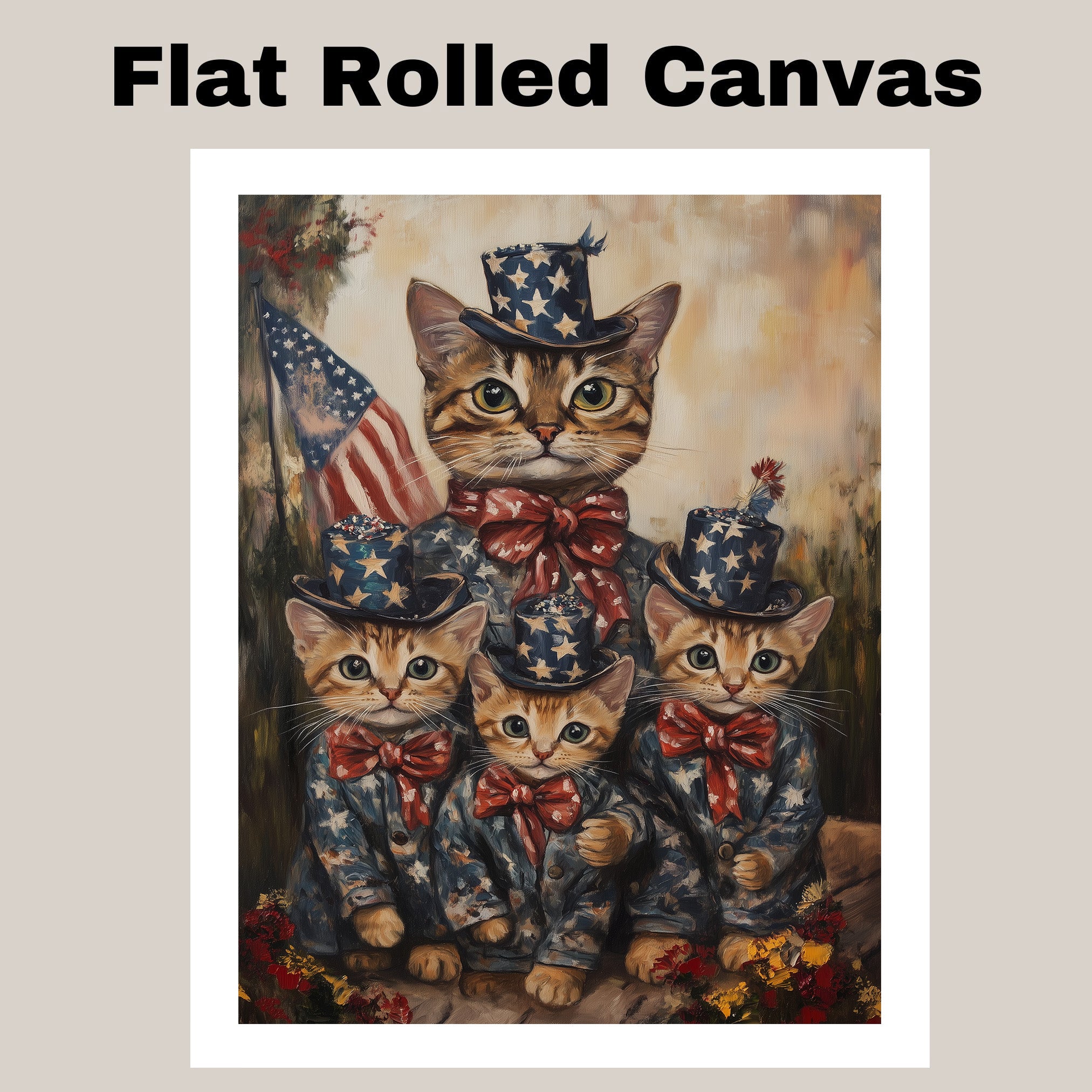 Charming Patriotic Bengal Cat Family Oil Painting with Mother Cat and Three Kittens in Starry Outfits and Bow Ties on Ready to Hang 1.5" Thick Canvas Wrap, Floating Framed Canvas, Flat Rolled Canvas