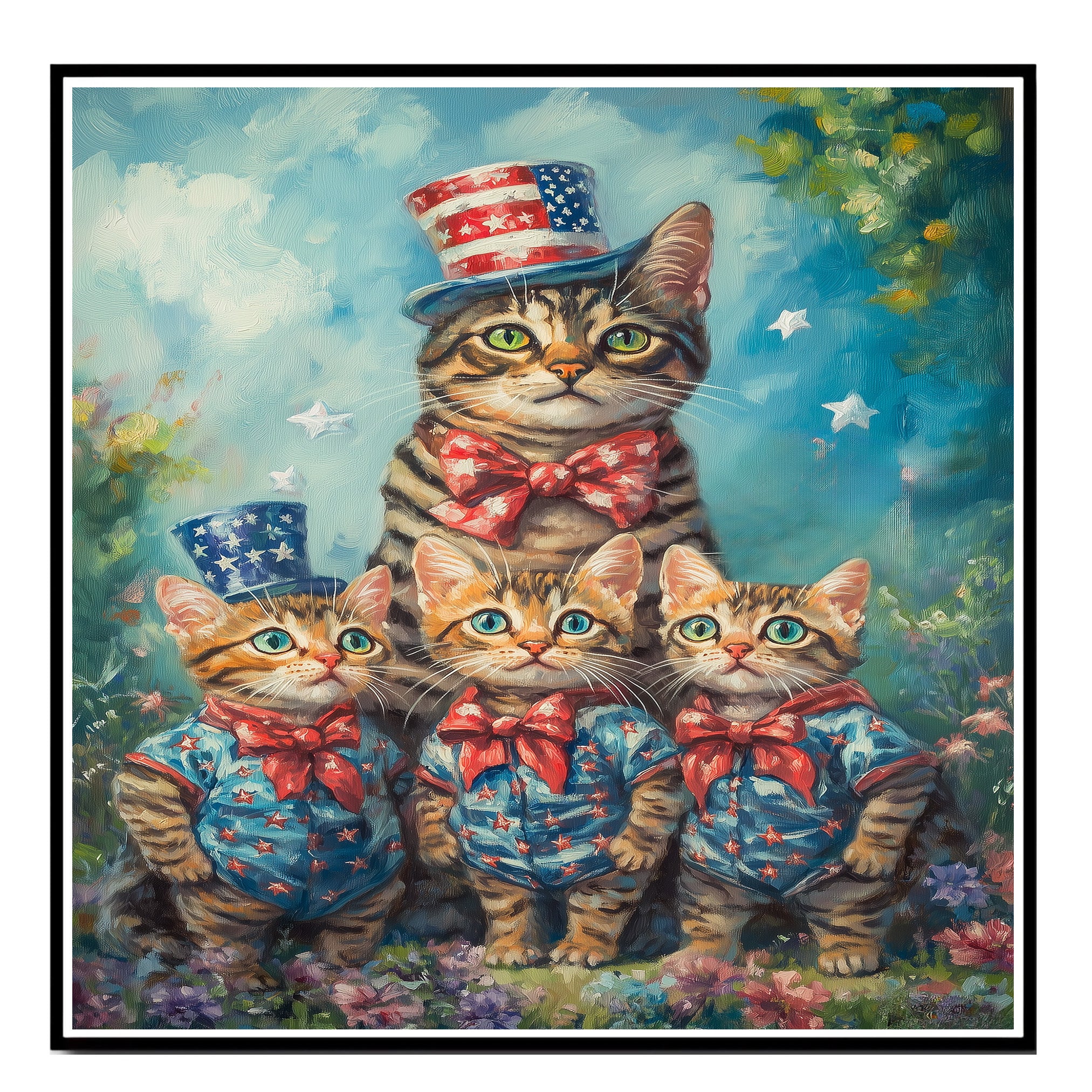 Patriotic Bengal Cat Family Oil Painting Featuring a Mother Cat and Three Kittens in Stars and Stripes Outfits and Top Hats on Ready to Hang 1.5" Thick Canvas Wrap, Floating Framed Canvas, Flat Rolled Canvas