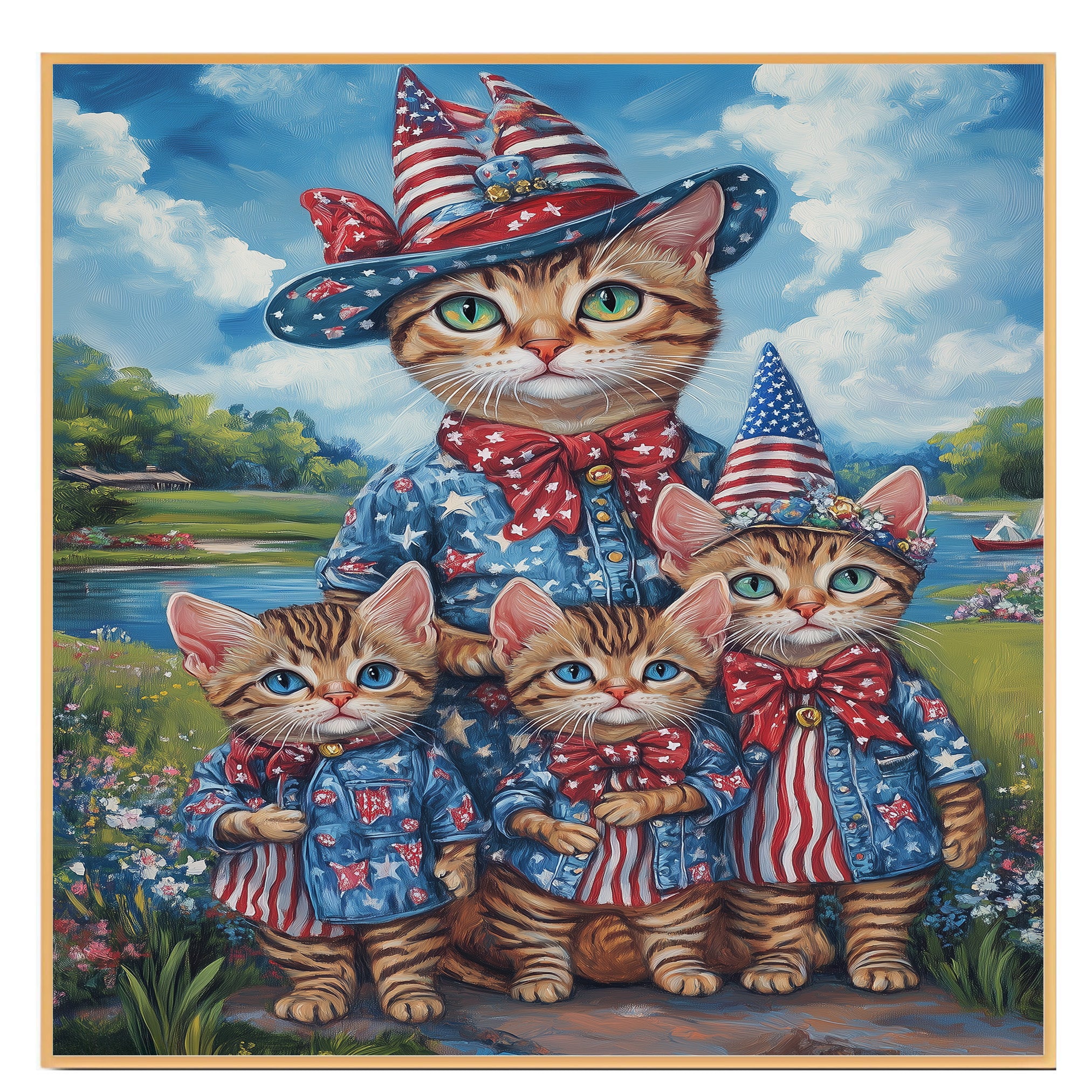 Patriotic Bengal Cat Mother and Three Kittens in Red White and Blue Outfits by a Lake with Floral Summer Backdrop on Ready to Hang 1.5" Thick Canvas Wrap, Floating Framed Canvas, Flat Rolled Canvas