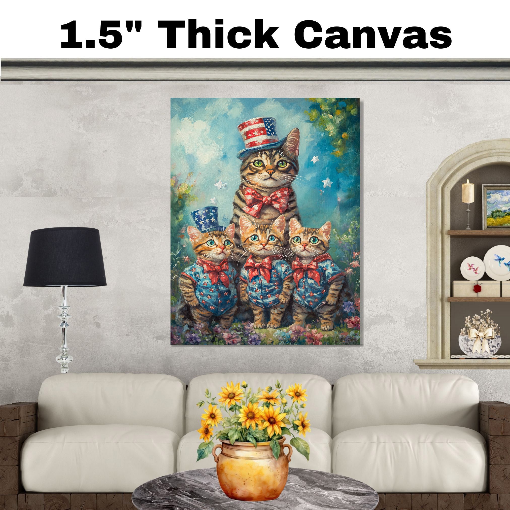 Patriotic Bengal Cat Family Oil Painting Featuring a Mother Cat and Three Kittens in Stars and Stripes Outfits and Top Hats on Ready to Hang 1.5" Thick Canvas Wrap, Floating Framed Canvas, Flat Rolled Canvas