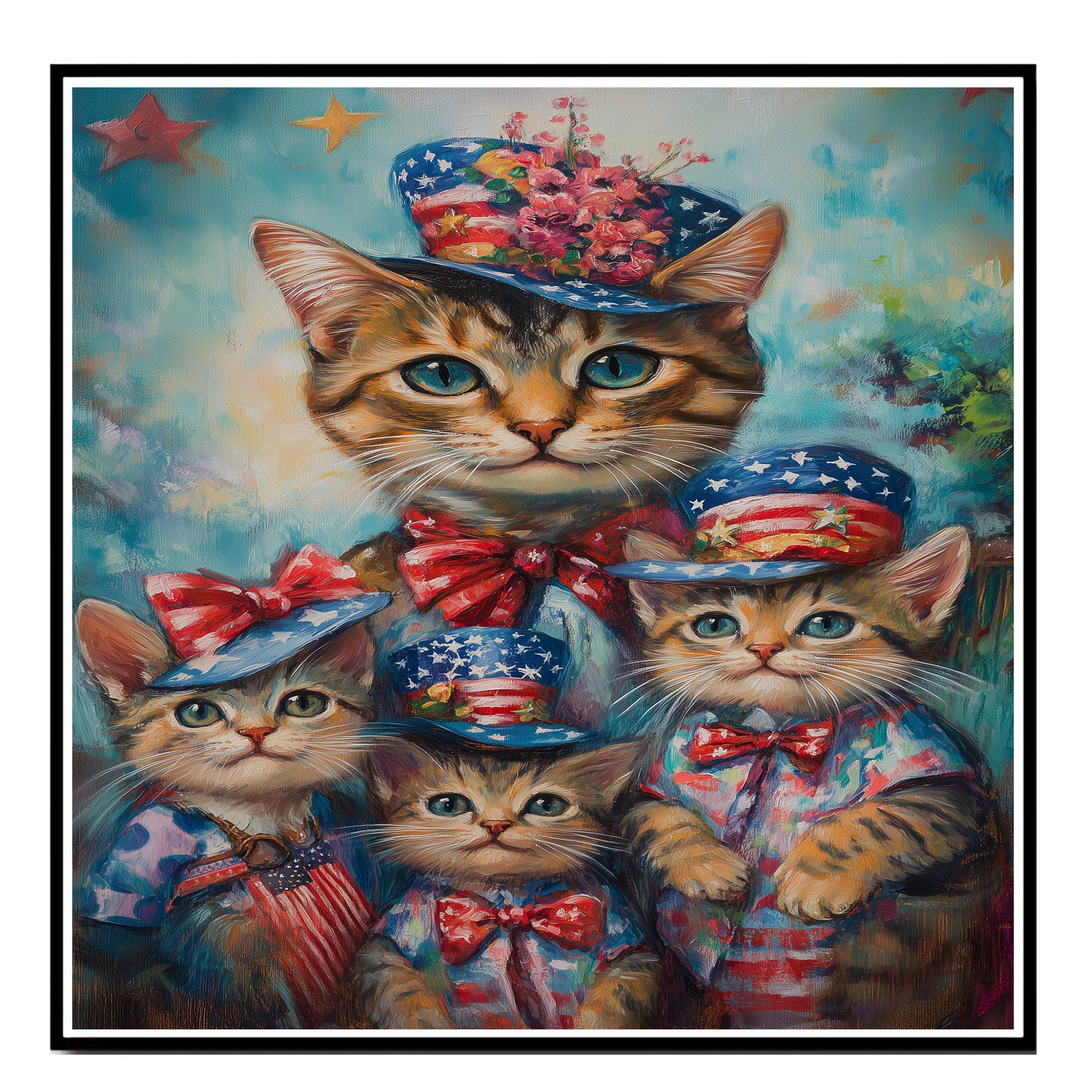 Charming Bengal Cat Mother and Three Kittens in Patriotic Hats with Stars and Bows on a Playful Colorful Background on Ready to Hang 1.5" Thick Canvas Wrap, Floating Framed Canvas, Flat Rolled Canvas