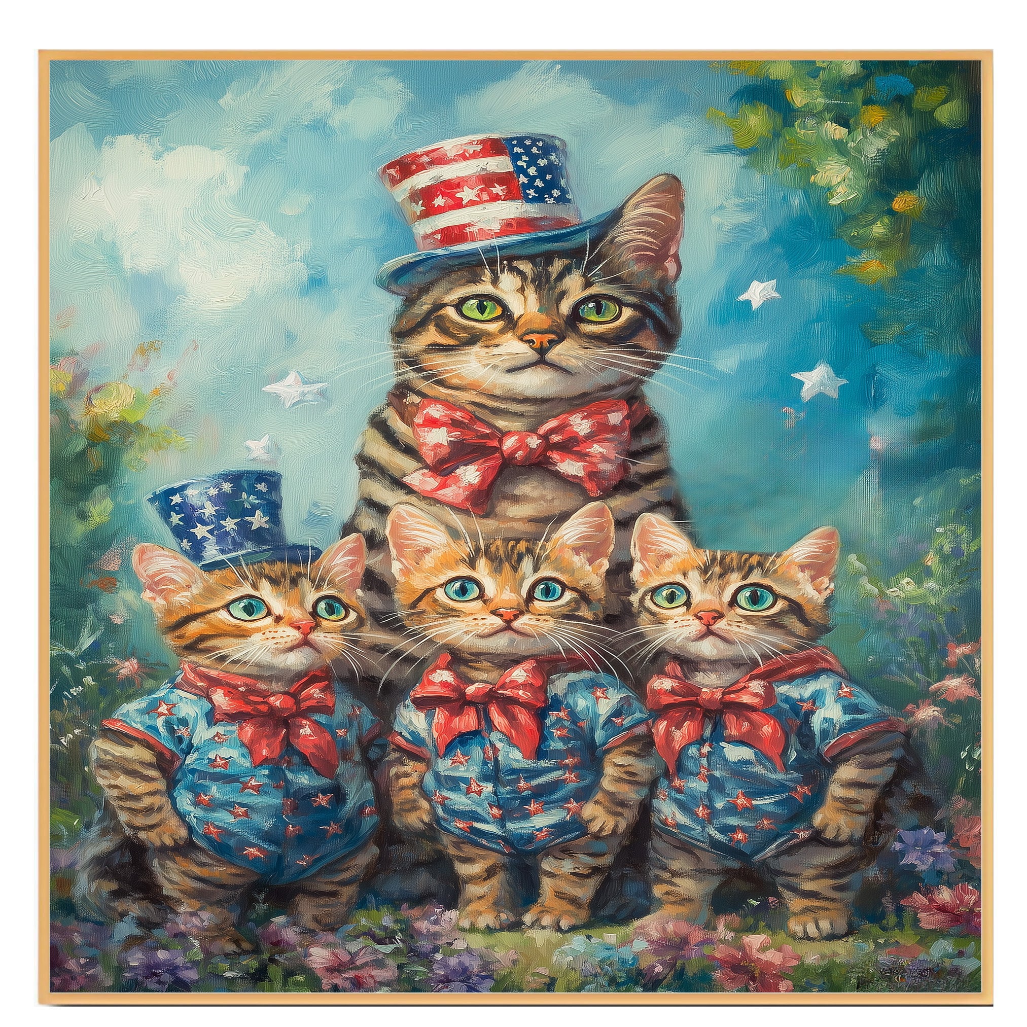 Patriotic Bengal Cat Family Oil Painting Featuring a Mother Cat and Three Kittens in Stars and Stripes Outfits and Top Hats on Ready to Hang 1.5" Thick Canvas Wrap, Floating Framed Canvas, Flat Rolled Canvas