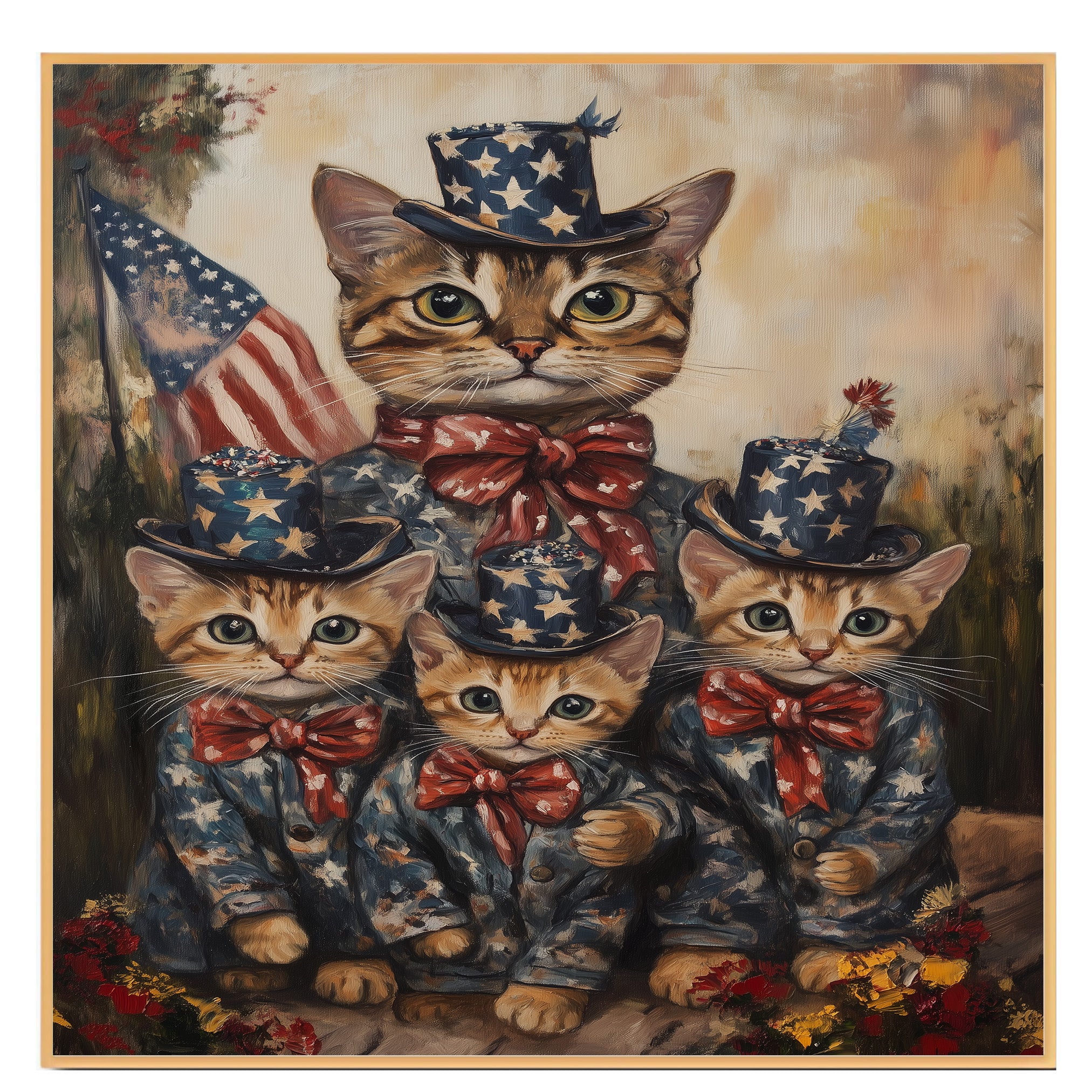 Charming Patriotic Bengal Cat Family Oil Painting with Mother Cat and Three Kittens in Starry Outfits and Bow Ties on Ready to Hang 1.5" Thick Canvas Wrap, Floating Framed Canvas, Flat Rolled Canvas