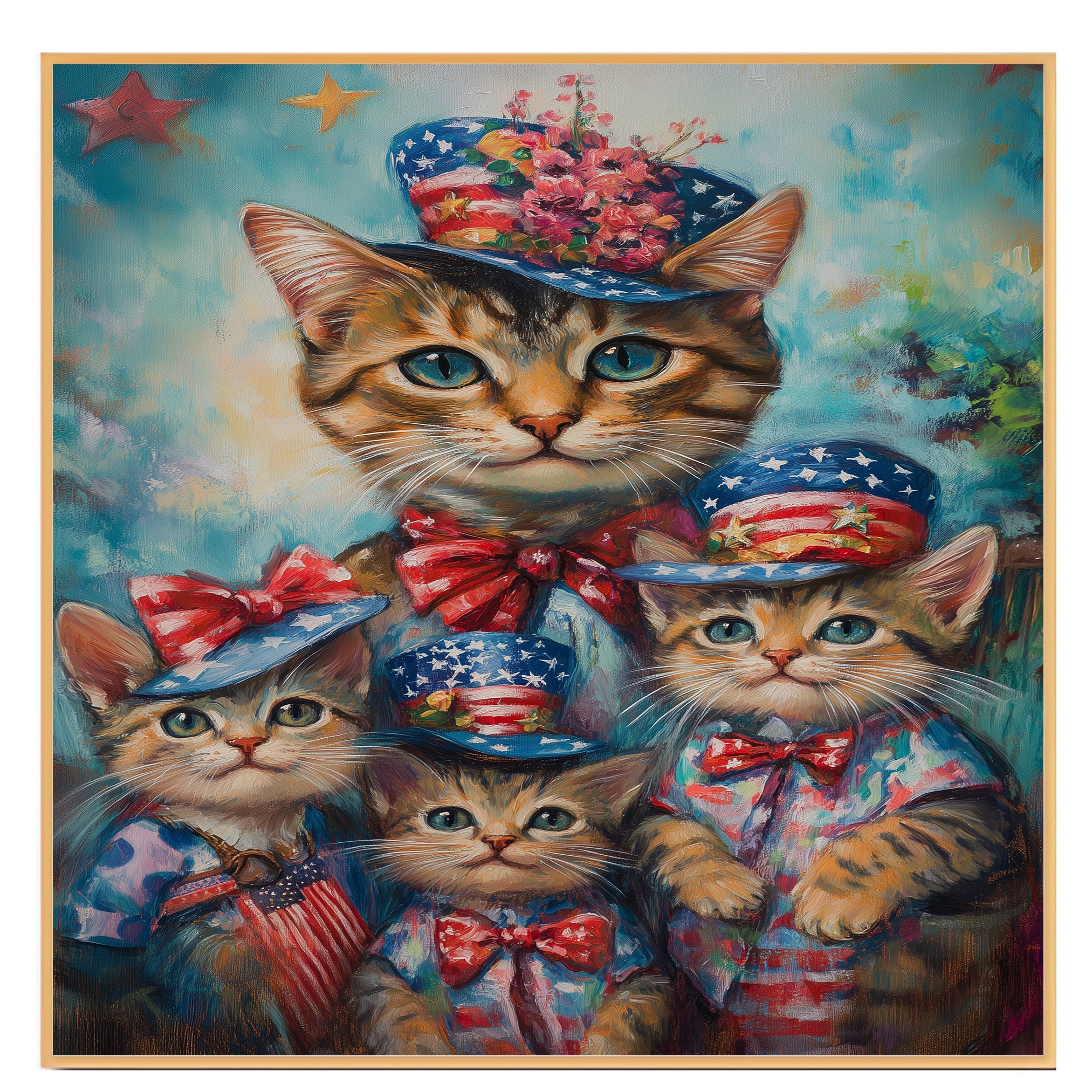 Charming Bengal Cat Mother and Three Kittens in Patriotic Hats with Stars and Bows on a Playful Colorful Background on Ready to Hang 1.5" Thick Canvas Wrap, Floating Framed Canvas, Flat Rolled Canvas