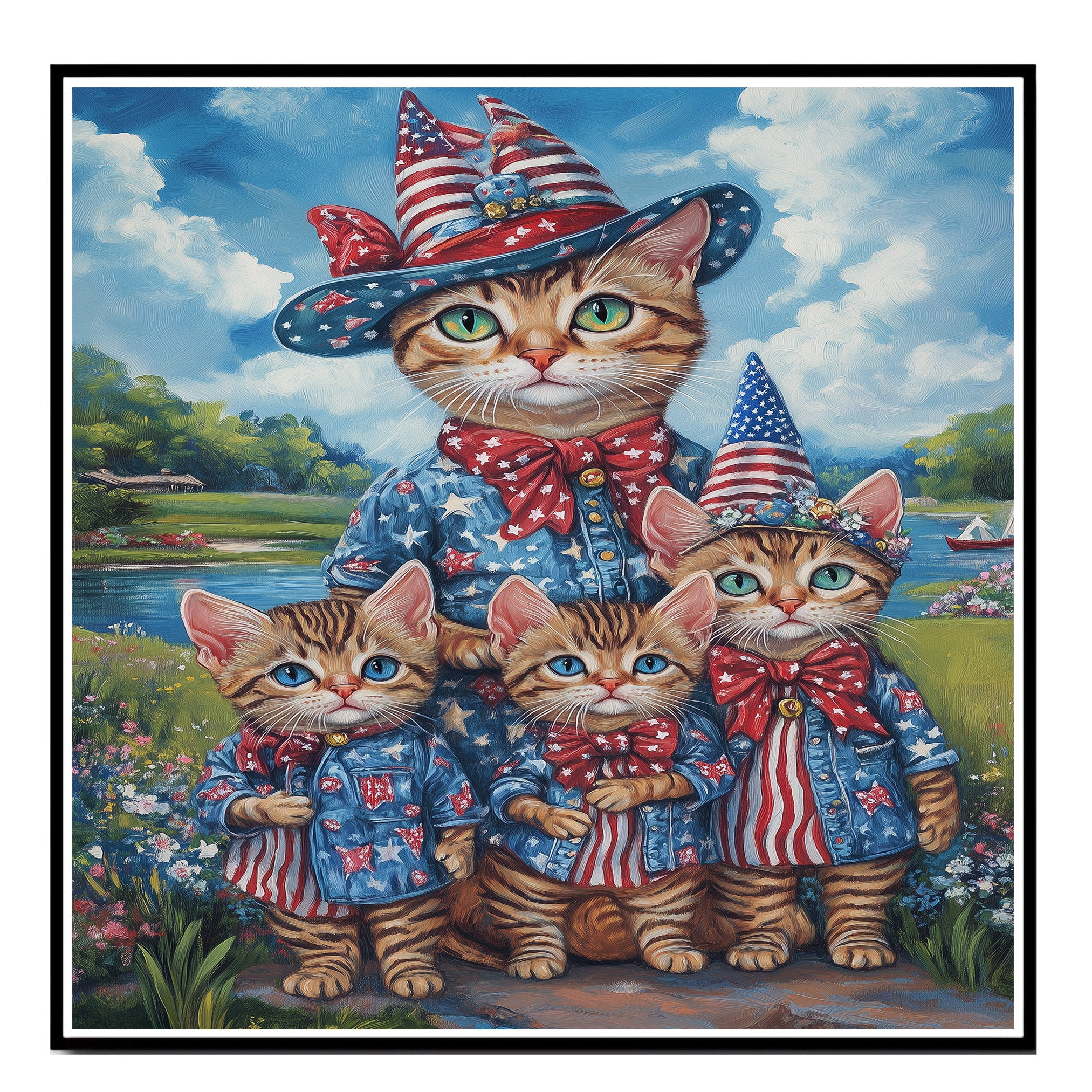 Patriotic Bengal Cat Mother and Three Kittens in Red White and Blue Outfits by a Lake with Floral Summer Backdrop on Ready to Hang 1.5" Thick Canvas Wrap, Floating Framed Canvas, Flat Rolled Canvas