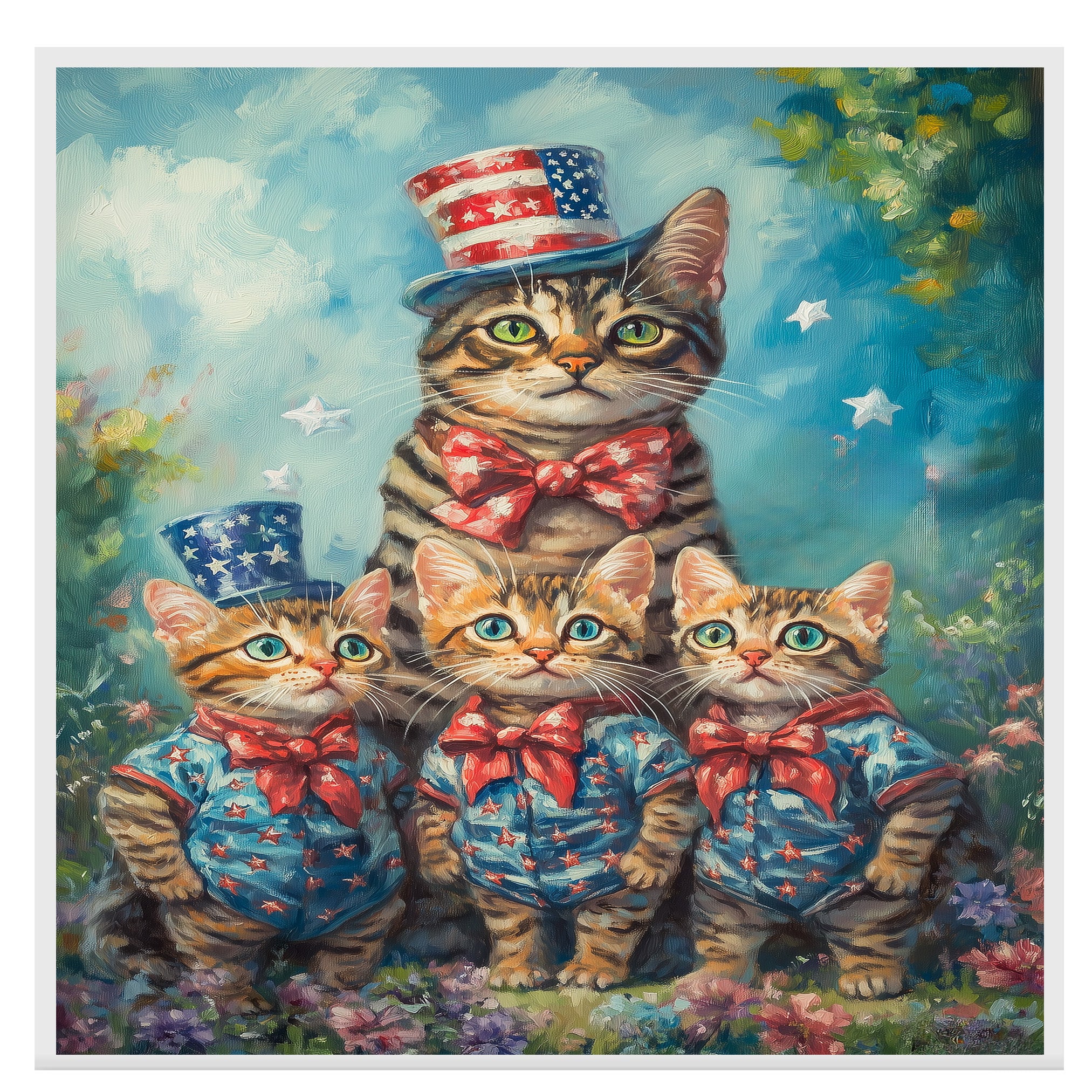 Patriotic Bengal Cat Family Oil Painting Featuring a Mother Cat and Three Kittens in Stars and Stripes Outfits and Top Hats on Ready to Hang 1.5" Thick Canvas Wrap, Floating Framed Canvas, Flat Rolled Canvas