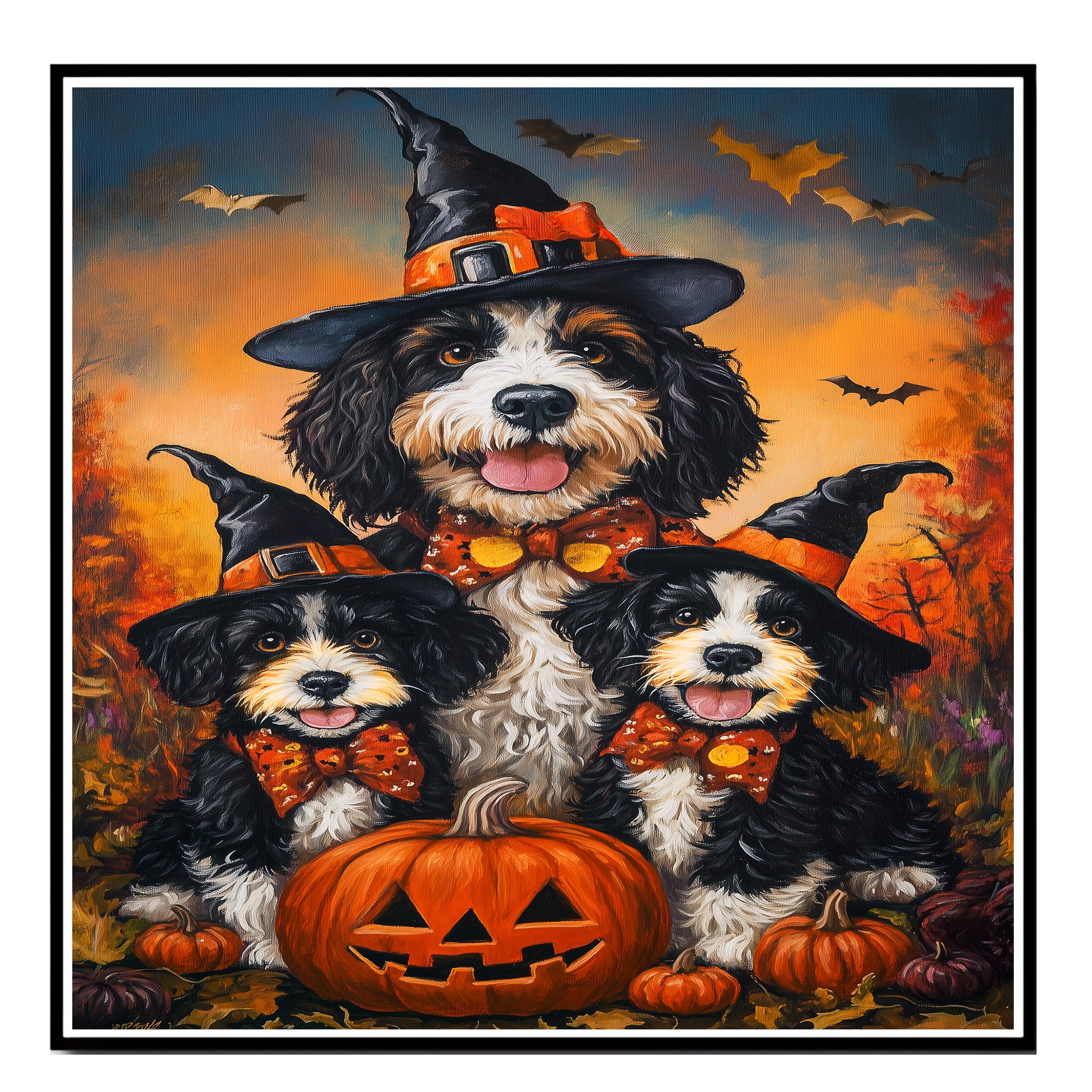 Halloween Witch Hat Bernedoodle Dog Wall Art with Pumpkins Fall Farmhouse Canvas Decor for Pet Lovers on Ready to Hang 1.5" Thick Canvas Wrap, Floating Framed Canvas, Flat Rolled Canvas