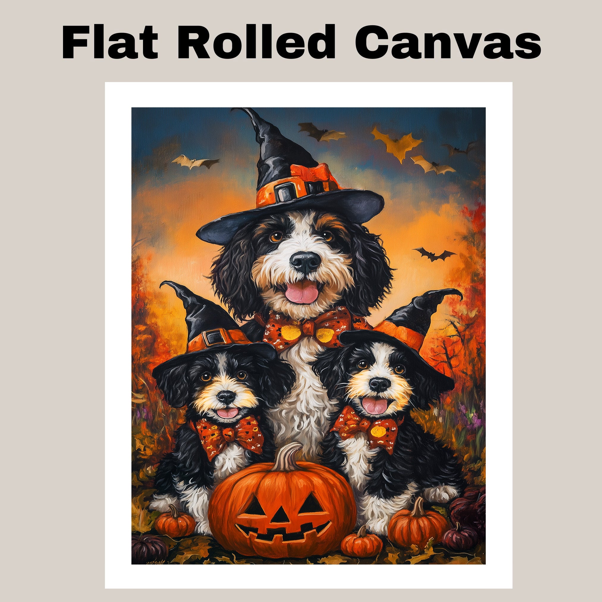 Halloween Witch Hat Bernedoodle Dog Wall Art with Pumpkins Fall Farmhouse Canvas Decor for Pet Lovers on Ready to Hang 1.5" Thick Canvas Wrap, Floating Framed Canvas, Flat Rolled Canvas