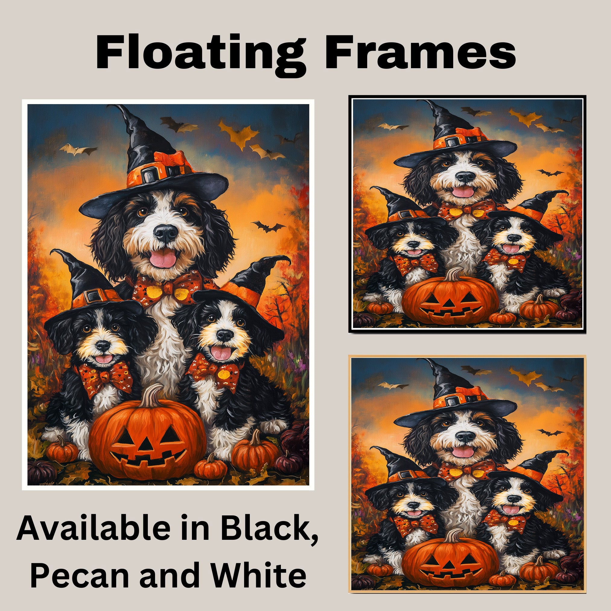 Halloween Witch Hat Bernedoodle Dog Wall Art with Pumpkins Fall Farmhouse Canvas Decor for Pet Lovers on Ready to Hang 1.5" Thick Canvas Wrap, Floating Framed Canvas, Flat Rolled Canvas