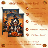 Witch Hat Bernedoodle Dog Halloween Pumpkin Castle Jack O Lantern Garden Flag for Outside Spider Web Bats Yard Flag for Harvest Farmhouse Fall Yard Mailbox Decoration