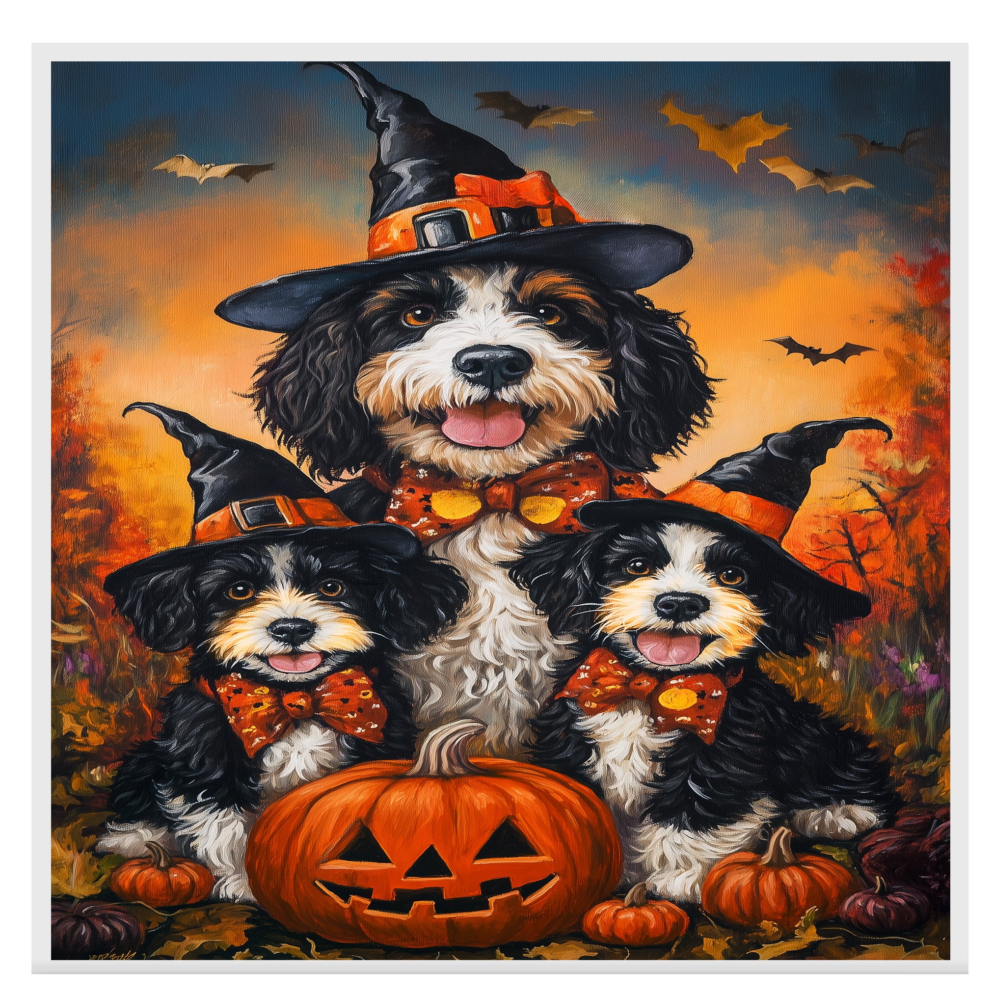 Halloween Witch Hat Bernedoodle Dog Wall Art with Pumpkins Fall Farmhouse Canvas Decor for Pet Lovers on Ready to Hang 1.5" Thick Canvas Wrap, Floating Framed Canvas, Flat Rolled Canvas