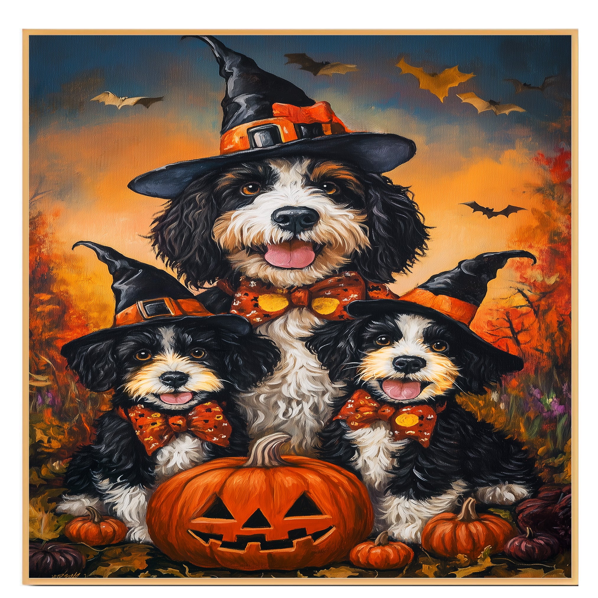 Halloween Witch Hat Bernedoodle Dog Wall Art with Pumpkins Fall Farmhouse Canvas Decor for Pet Lovers on Ready to Hang 1.5" Thick Canvas Wrap, Floating Framed Canvas, Flat Rolled Canvas