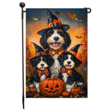 Witch Hat Bernedoodle Dog Halloween Pumpkin Castle Jack O Lantern Garden Flag for Outside Spider Web Bats Yard Flag for Harvest Farmhouse Fall Yard Mailbox Decoration