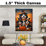Halloween Witch Hat Bernedoodle Dog Wall Art with Pumpkins Fall Farmhouse Canvas Decor for Pet Lovers on Ready to Hang 1.5" Thick Canvas Wrap, Floating Framed Canvas, Flat Rolled Canvas