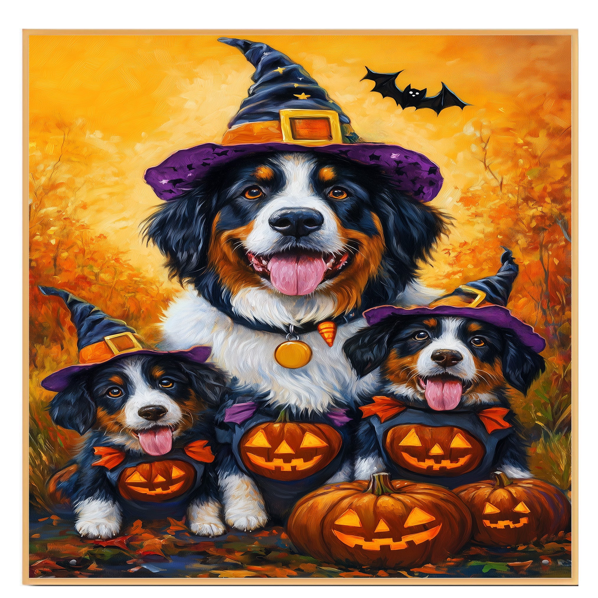 Bernese Mountain Dog Halloween Witch Pumpkin Canvas Wall Art Fall Farmhouse Decor for Pet Lovers on Ready to Hang 1.5" Thick Canvas Wrap, Floating Framed Canvas, Flat Rolled Canvas