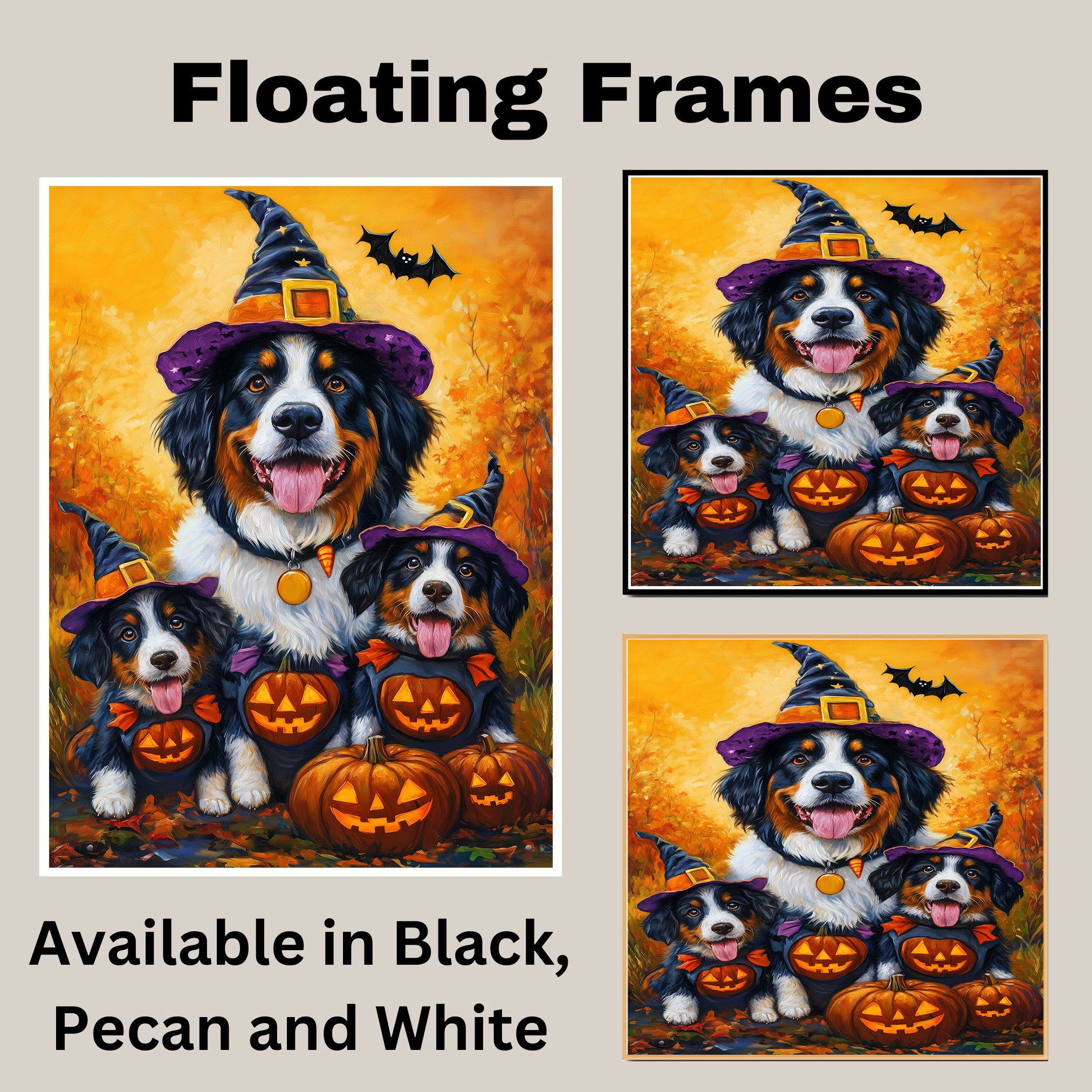Bernese Mountain Dog Halloween Witch Pumpkin Canvas Wall Art Fall Farmhouse Decor for Pet Lovers on Ready to Hang 1.5" Thick Canvas Wrap, Floating Framed Canvas, Flat Rolled Canvas