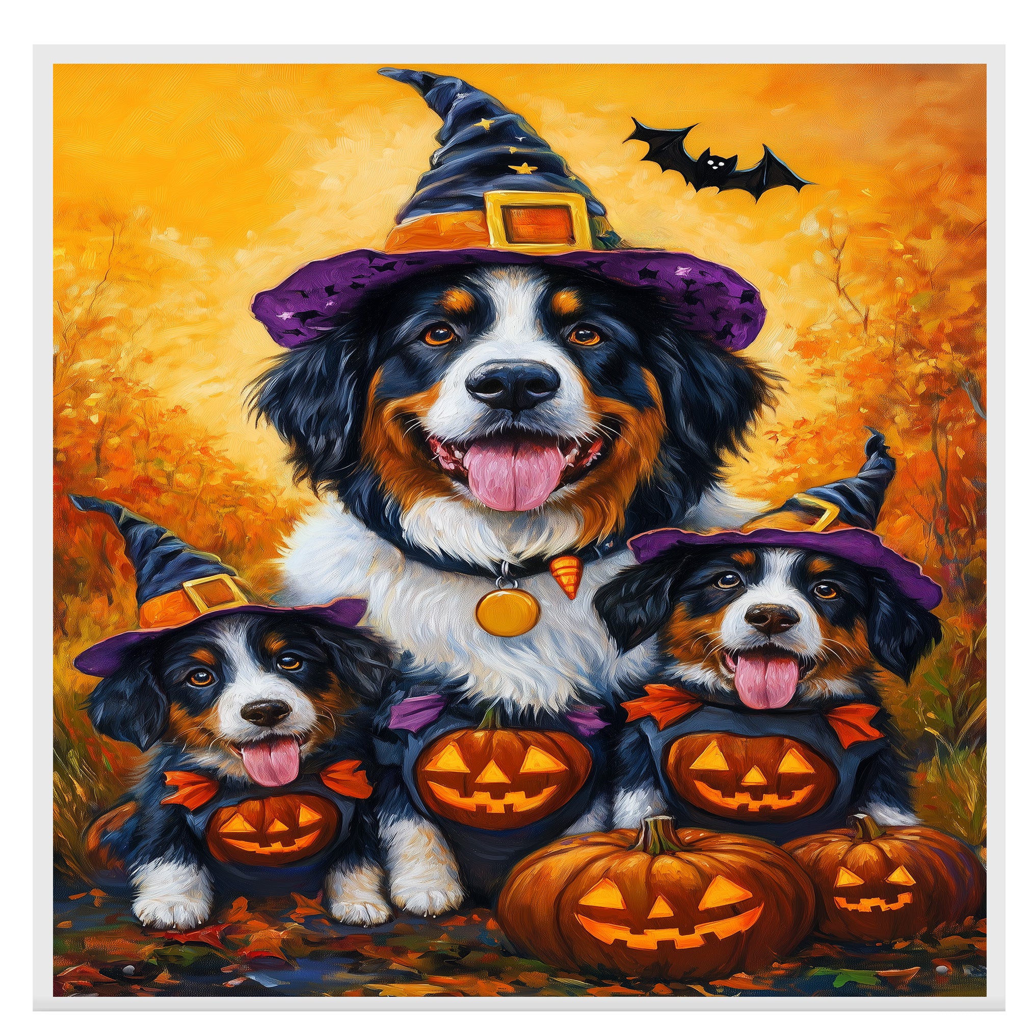 Bernese Mountain Dog Halloween Witch Pumpkin Canvas Wall Art Fall Farmhouse Decor for Pet Lovers on Ready to Hang 1.5" Thick Canvas Wrap, Floating Framed Canvas, Flat Rolled Canvas
