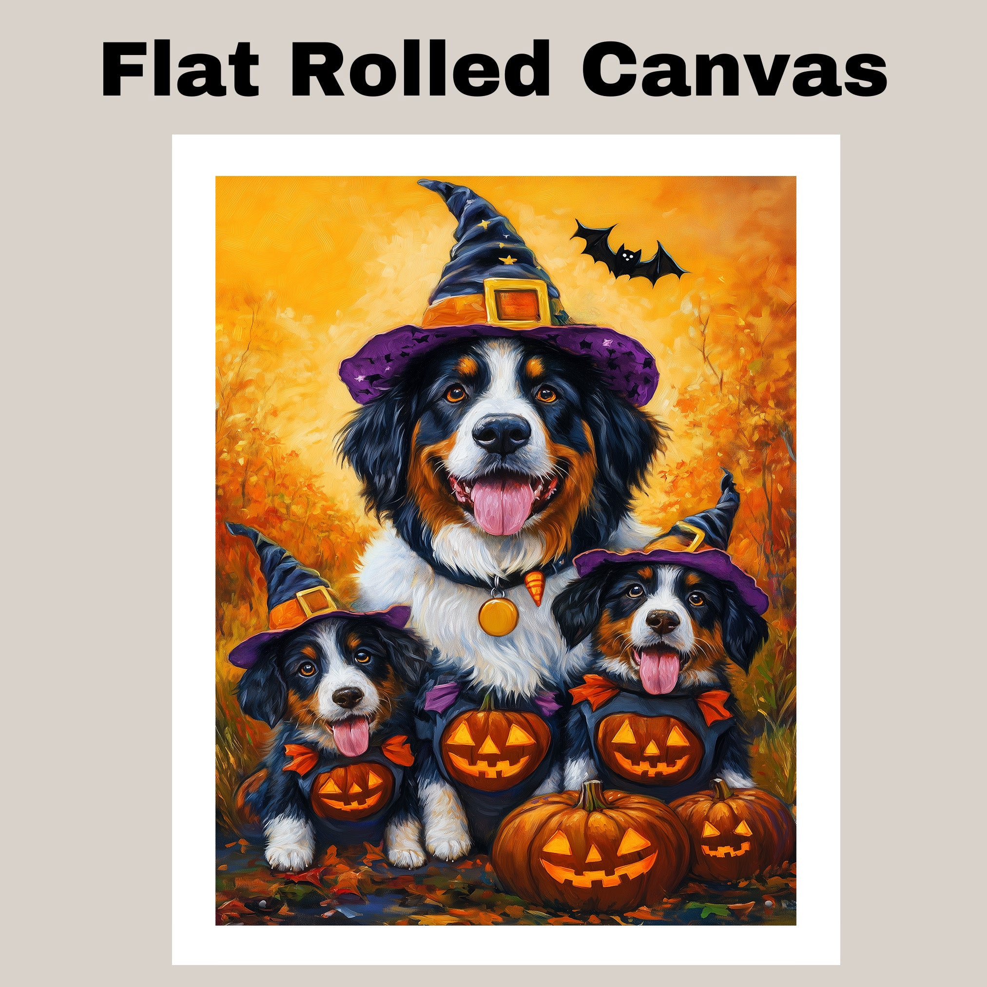Bernese Mountain Dog Halloween Witch Pumpkin Canvas Wall Art Fall Farmhouse Decor for Pet Lovers on Ready to Hang 1.5" Thick Canvas Wrap, Floating Framed Canvas, Flat Rolled Canvas