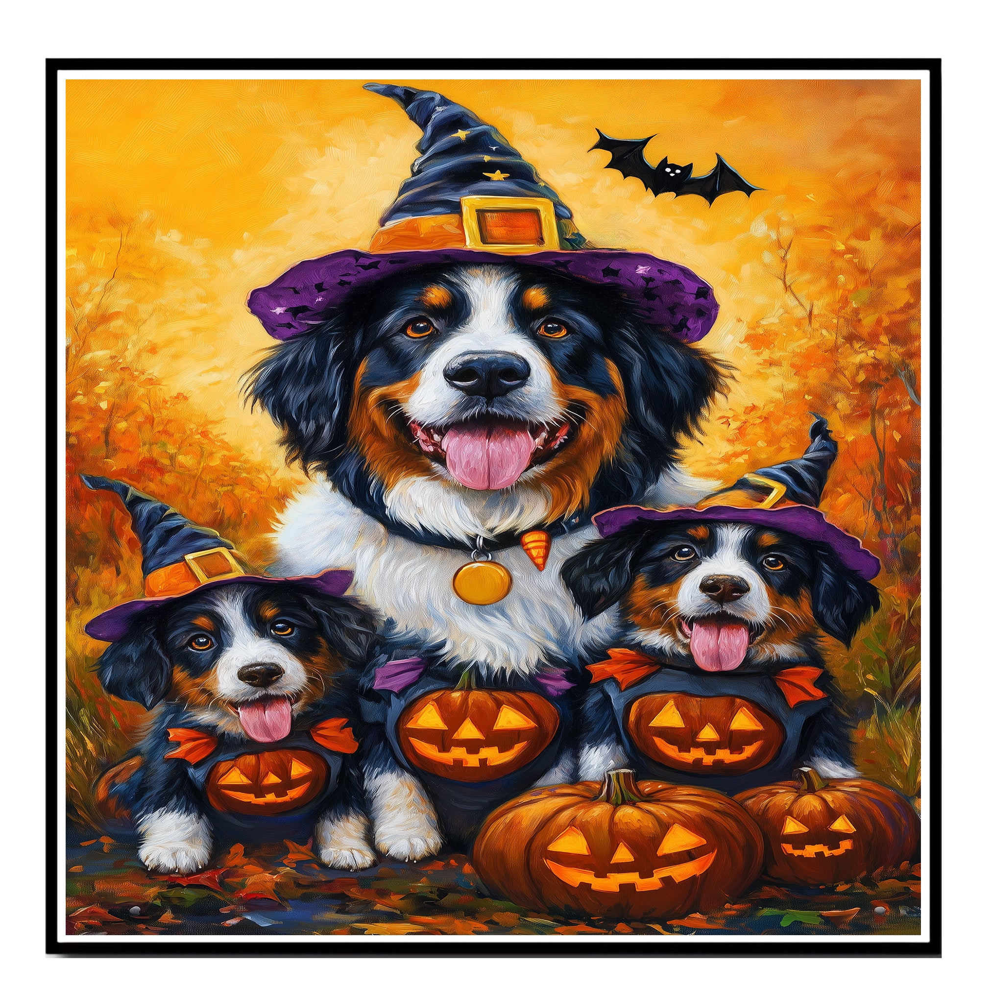 Bernese Mountain Dog Halloween Witch Pumpkin Canvas Wall Art Fall Farmhouse Decor for Pet Lovers on Ready to Hang 1.5" Thick Canvas Wrap, Floating Framed Canvas, Flat Rolled Canvas
