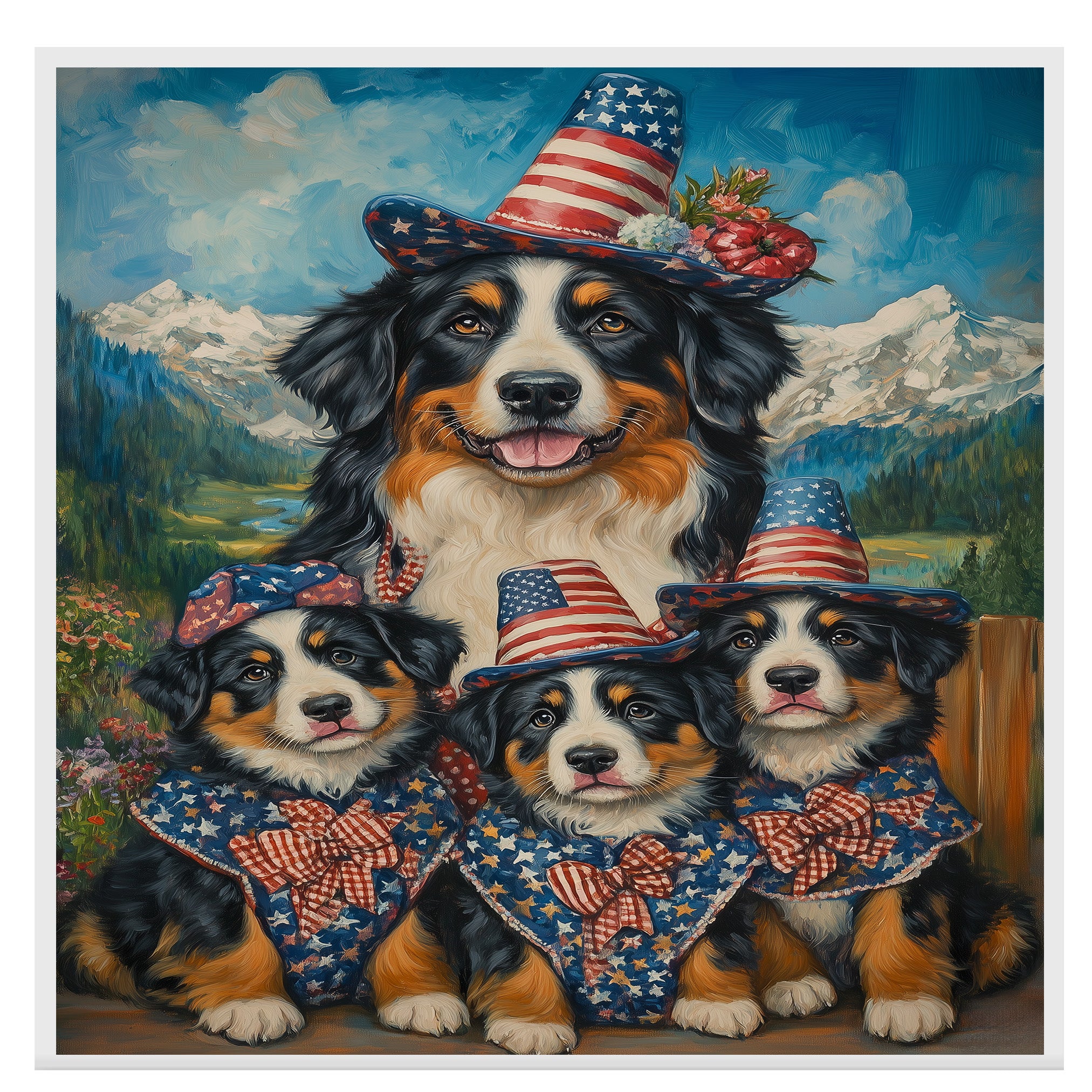 Patriotic Bernese Mountain Dog Mother and Two Puppies Dressed in Stars and Stripes Hats and Bows with American Flag on Ready to Hang 1.5" Thick Canvas Wrap, Floating Framed Canvas, Flat Rolled Canvas