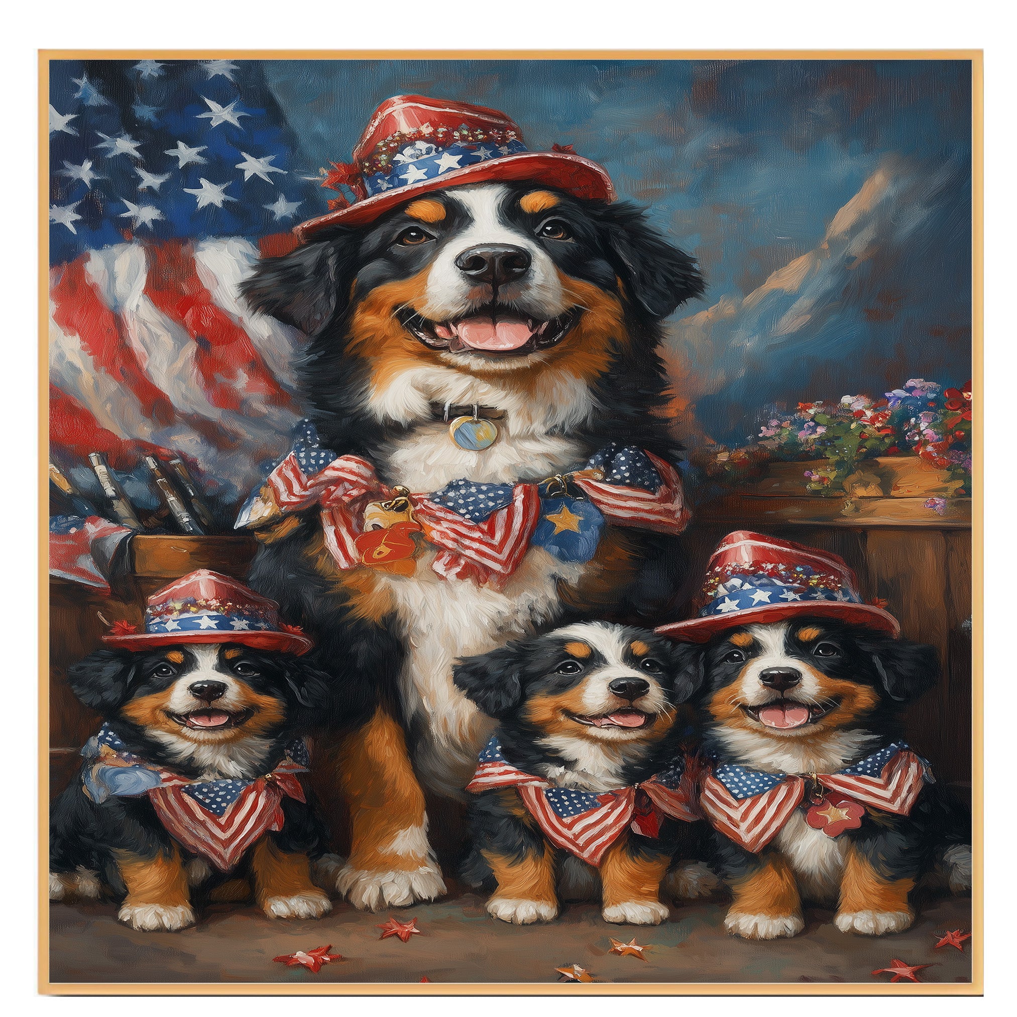 Bernese Mountain Dog Mother and Three Puppies in Patriotic Hats and Bows with American Flag and Floral Accents on Ready to Hang 1.5" Thick Canvas Wrap, Floating Framed Canvas, Flat Rolled Canvas