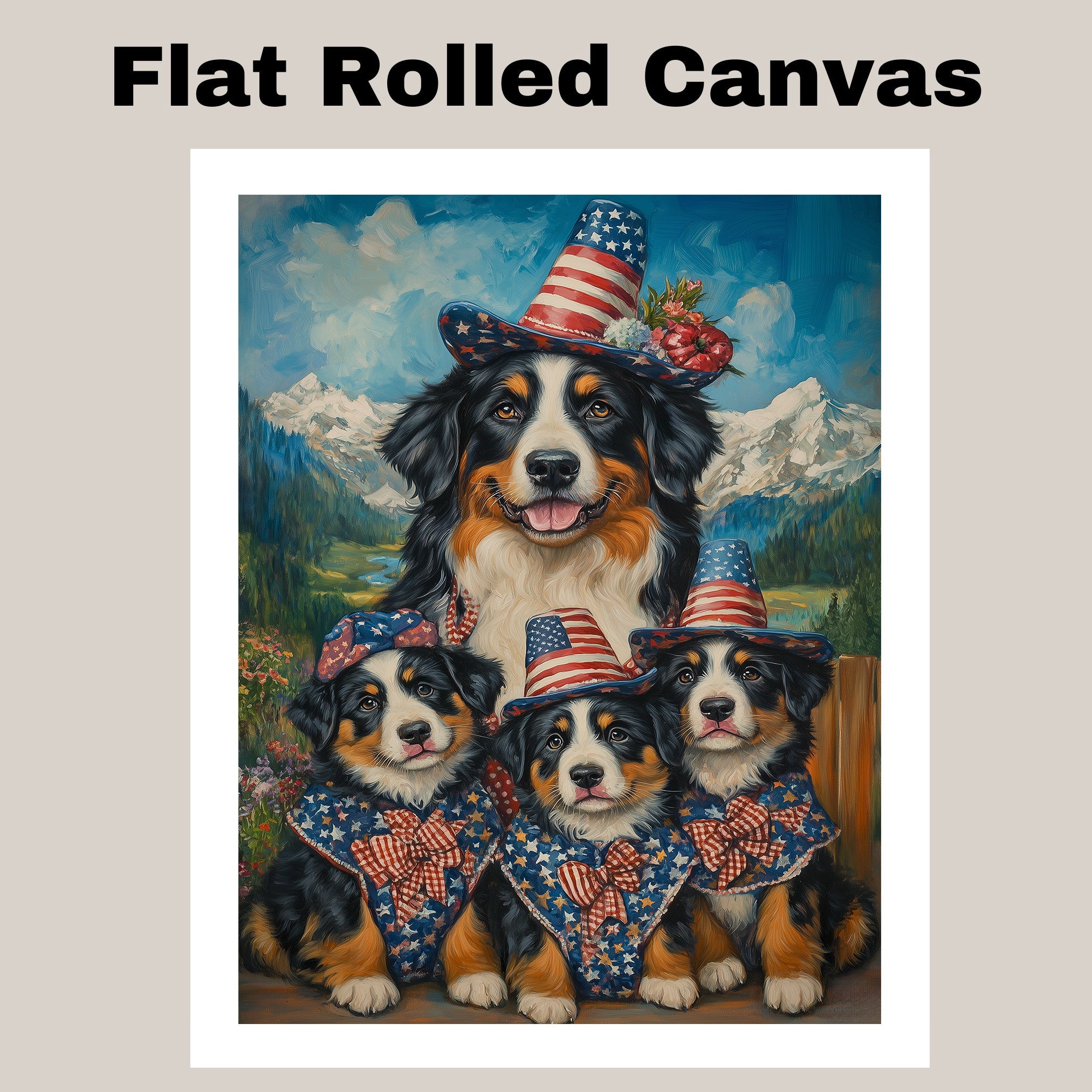 Patriotic Bernese Mountain Dog Mother and Two Puppies Dressed in Stars and Stripes Hats and Bows with American Flag on Ready to Hang 1.5" Thick Canvas Wrap, Floating Framed Canvas, Flat Rolled Canvas