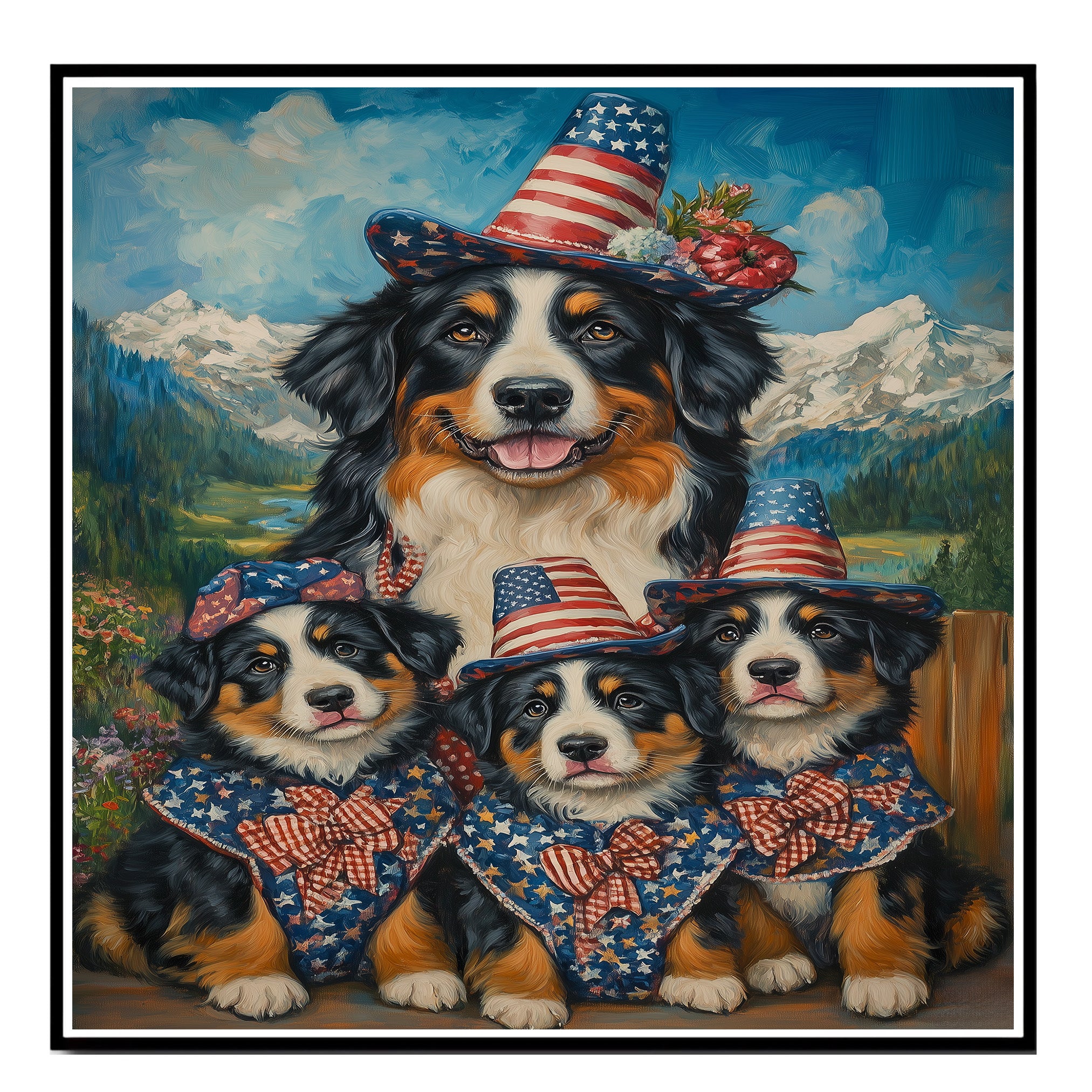 Patriotic Bernese Mountain Dog Mother and Two Puppies Dressed in Stars and Stripes Hats and Bows with American Flag on Ready to Hang 1.5" Thick Canvas Wrap, Floating Framed Canvas, Flat Rolled Canvas