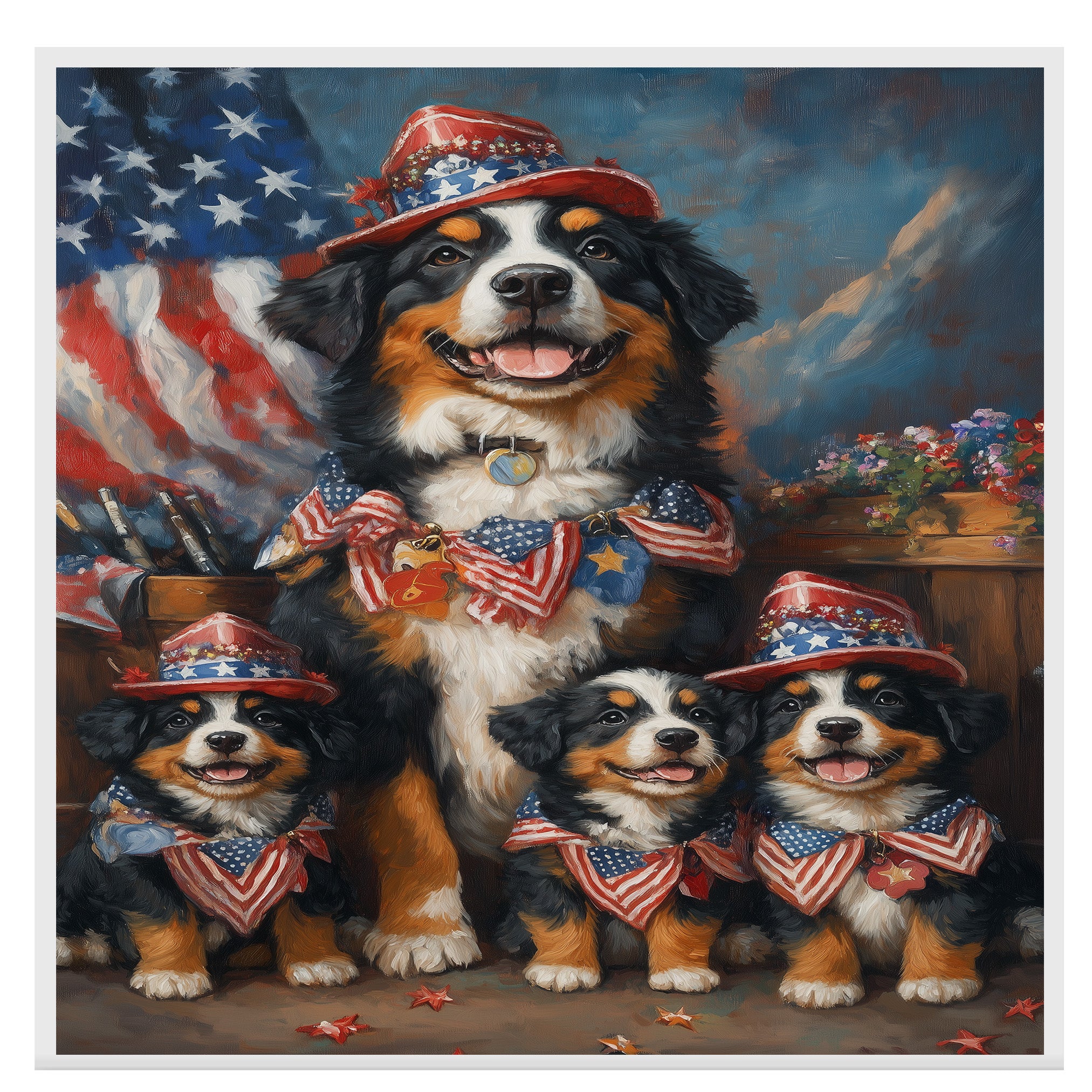 Bernese Mountain Dog Mother and Three Puppies in Patriotic Hats and Bows with American Flag and Floral Accents on Ready to Hang 1.5" Thick Canvas Wrap, Floating Framed Canvas, Flat Rolled Canvas